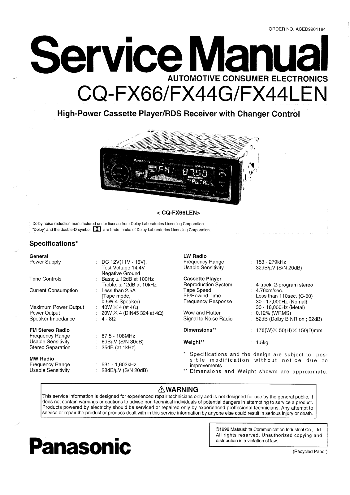 Panasonic CQFX-44-G, CQFX-44-LEN, CQFX-66-LEN Service manual