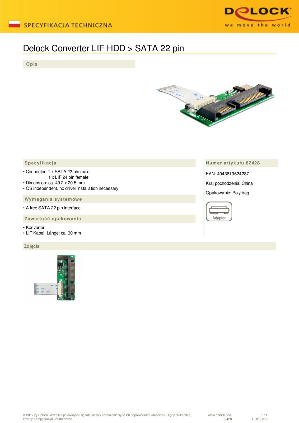 DeLOCK Converter LIF HDD - SATA 22 pin User Manual