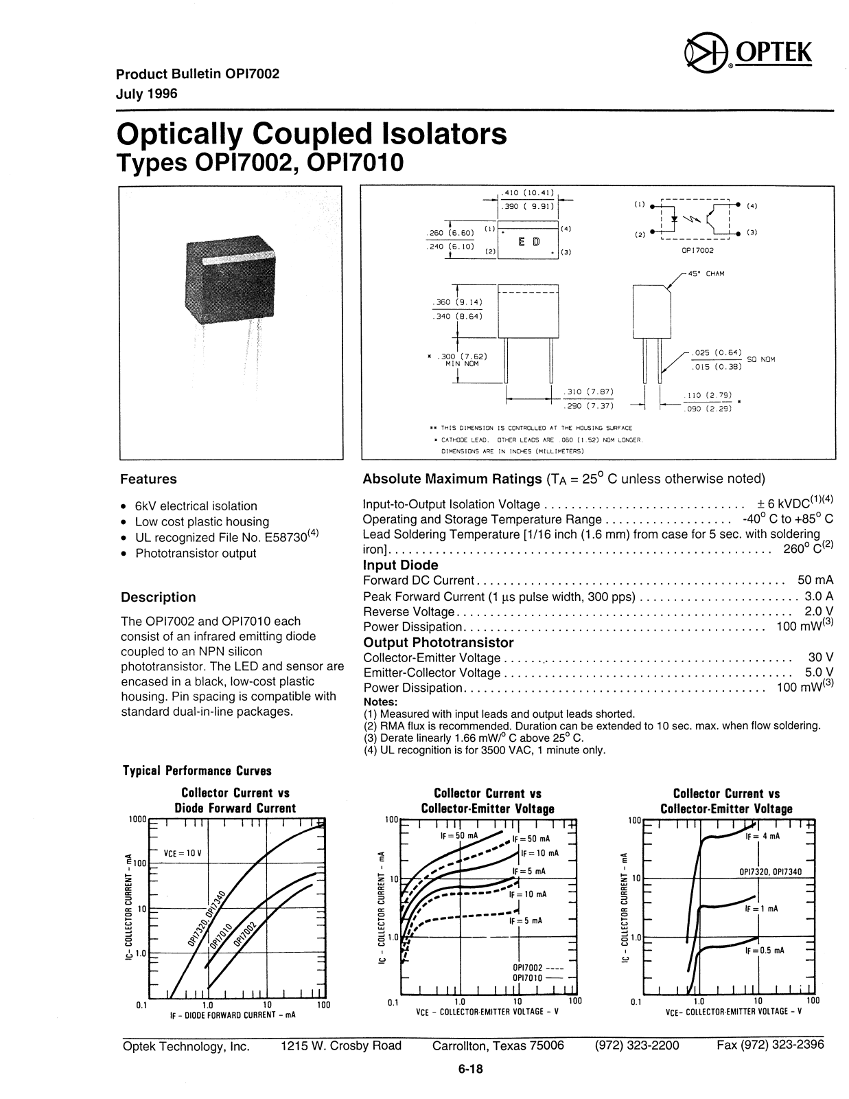 OPTEK OPI7010, OPI7002 Datasheet