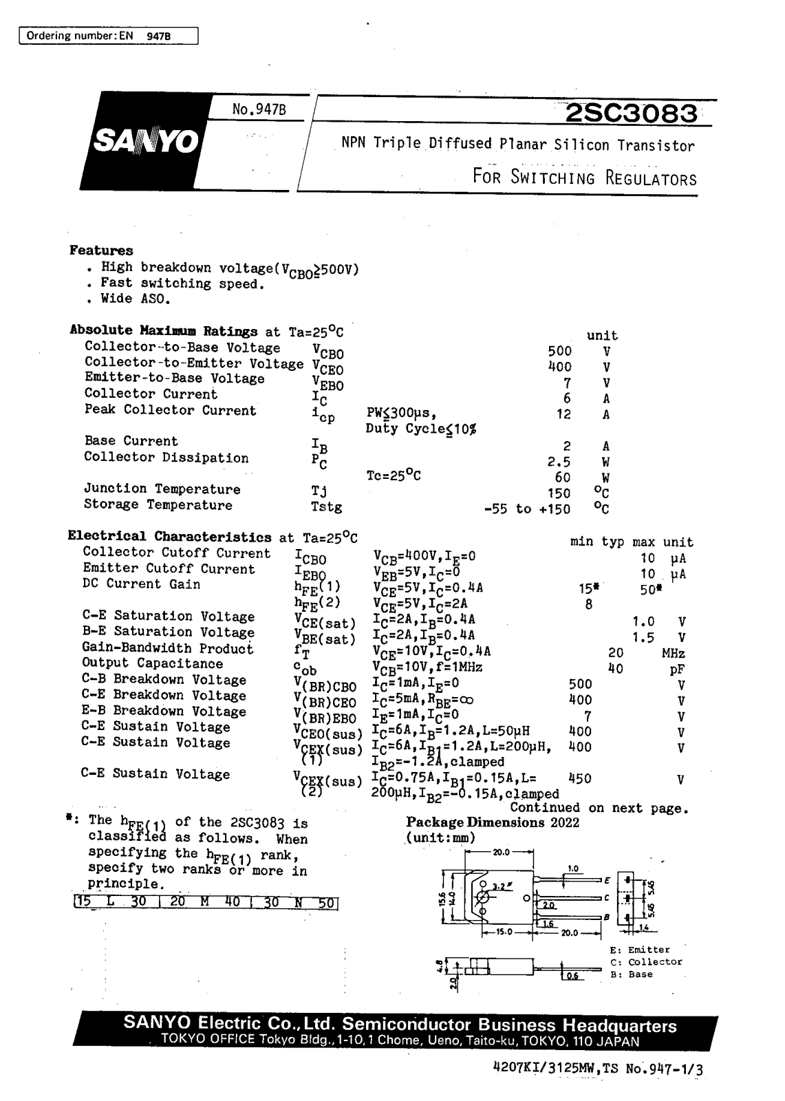 SANYO 2SC3083 Datasheet