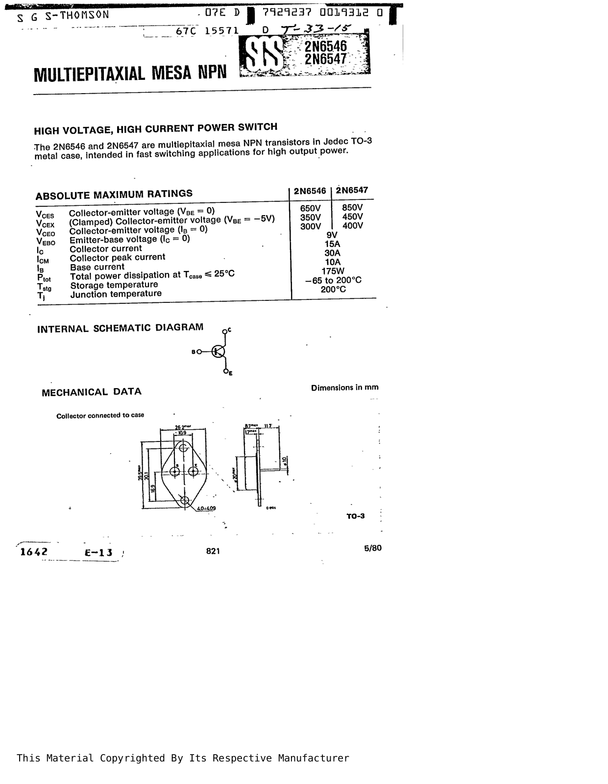 SGS Thomson Microelectronics 2N6547 Datasheet