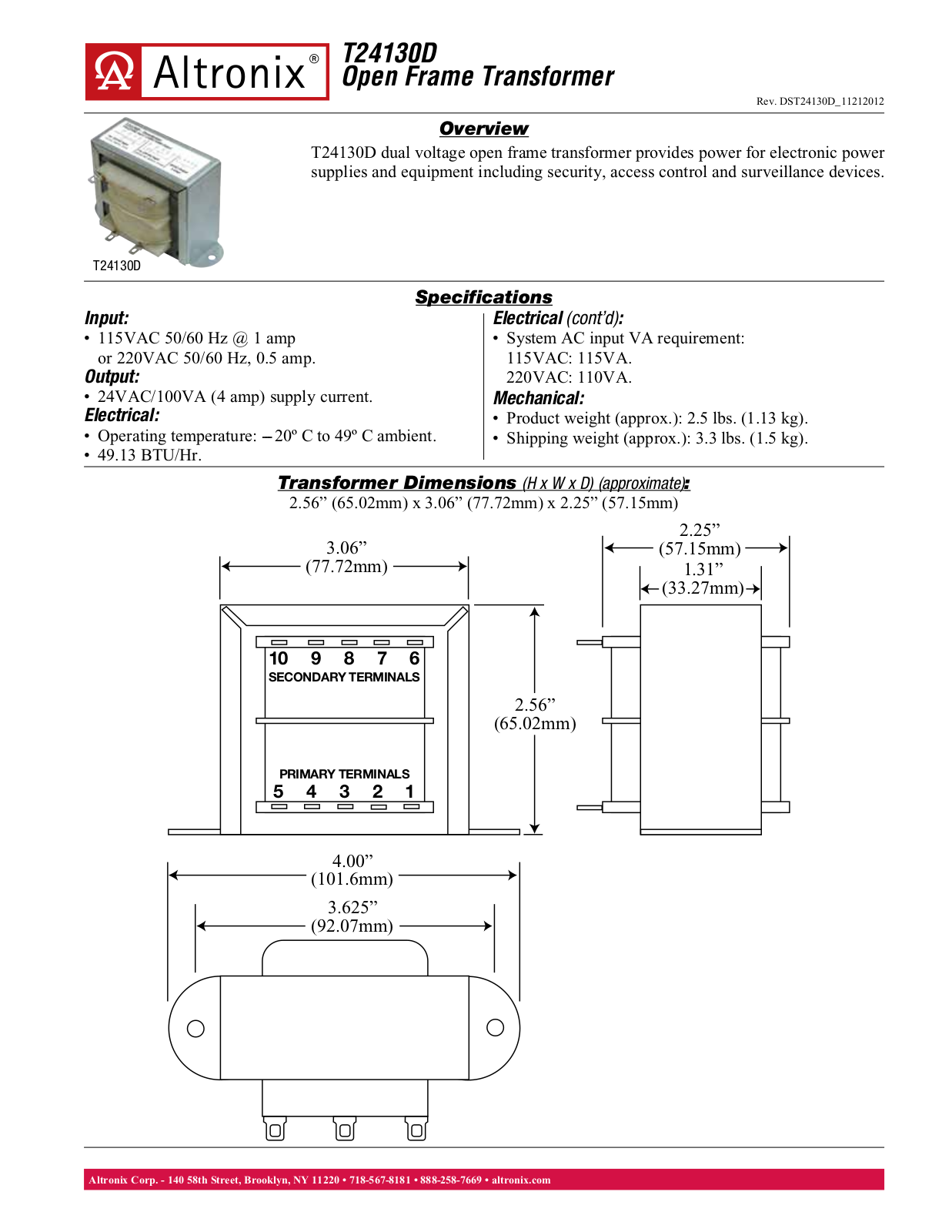 Altronix T24130D Specsheet