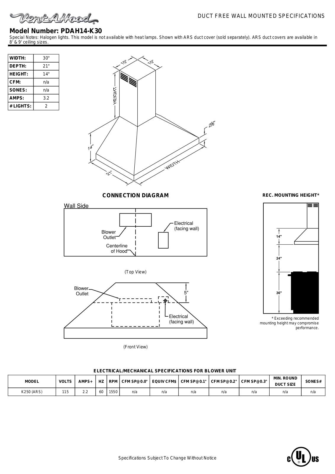 Vent-A-Hood PDAH14-K30 SPECIFICATIONS