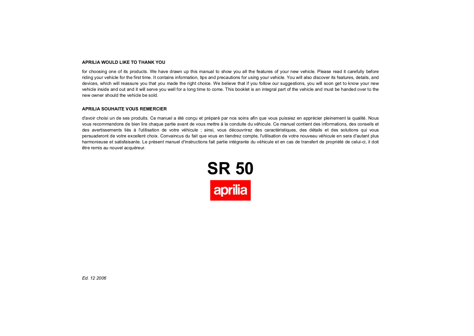 Aprilia SR 50 2006 Owner's manual