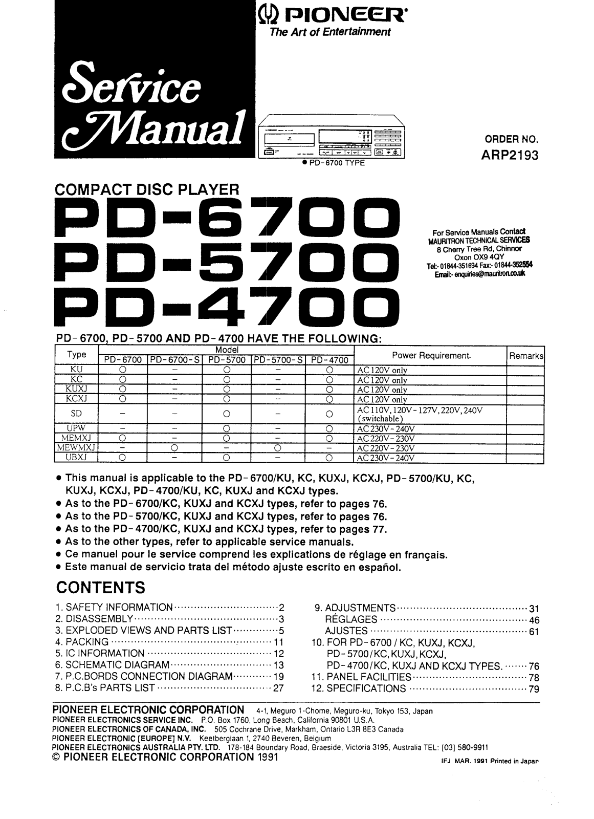 Pioneer PD-4700, PD-5700 Service Manual