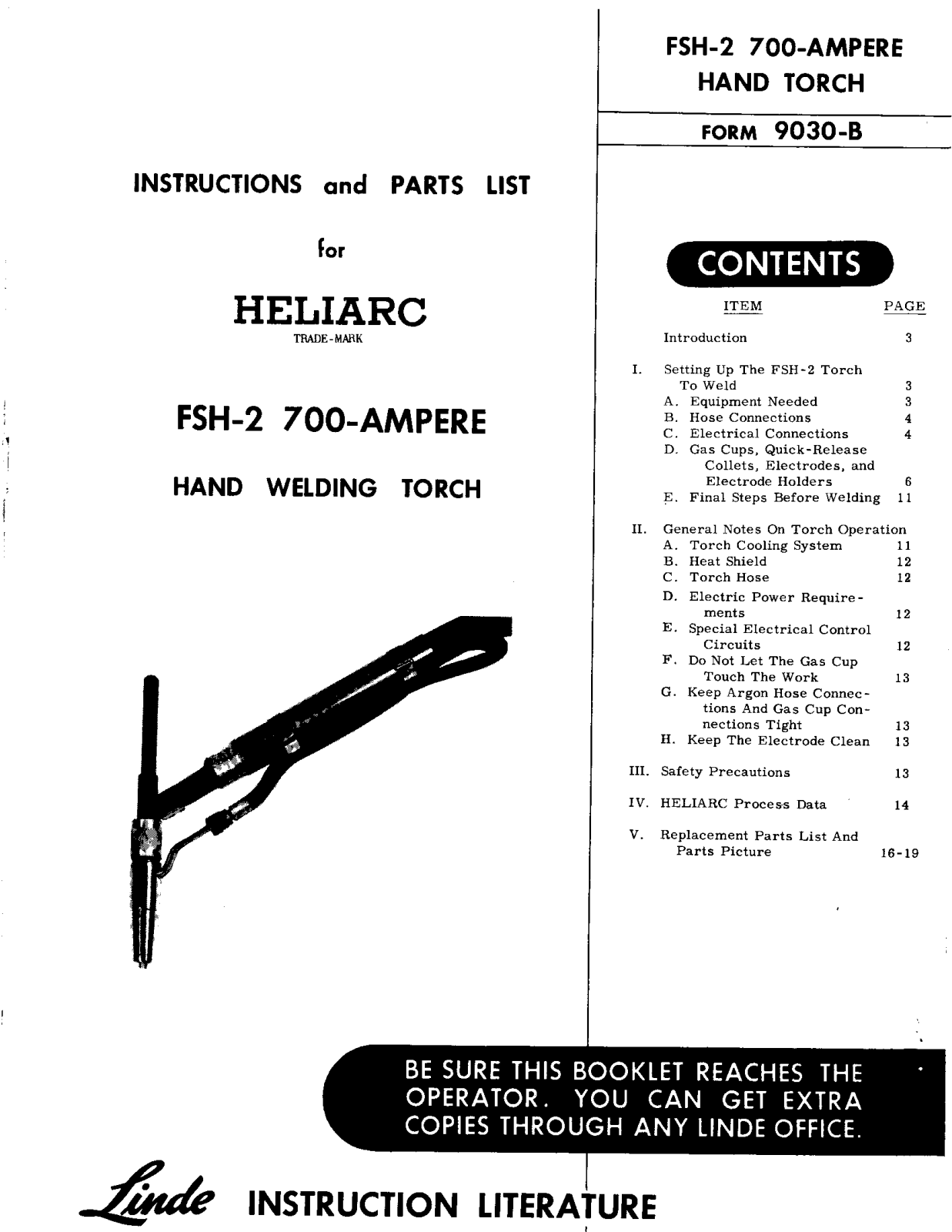 Linde Heliarc FSH-2 700-Ampere Hand Welding Torch Troubleshooting instruction / Spare parts list (Replacement parts)