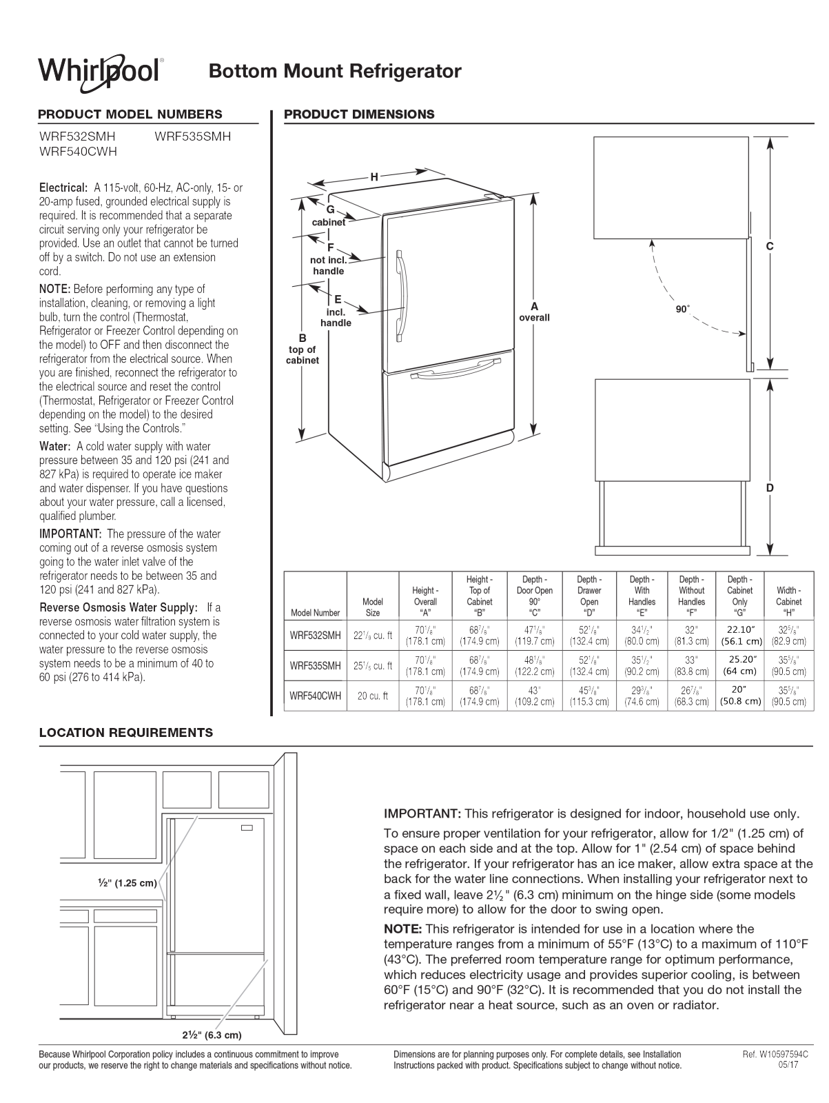 Whirlpool WRF532SMH, WRF535SMH, WRF540CWH Dimension Guide