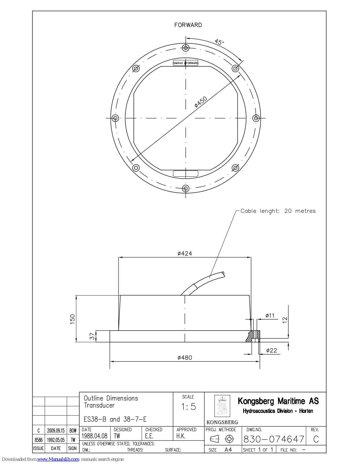 Simrad TRANSDUCER OUTLINE DIMENSIONS - SCHEMA REV C, ES38-B, 38-7-E Dimensions