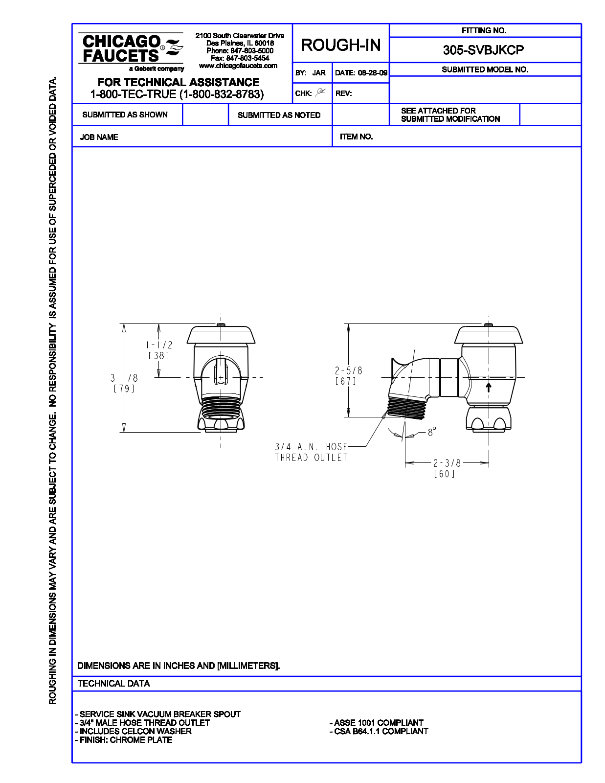 Chicago Faucet 305-SVBJKCP User Manual