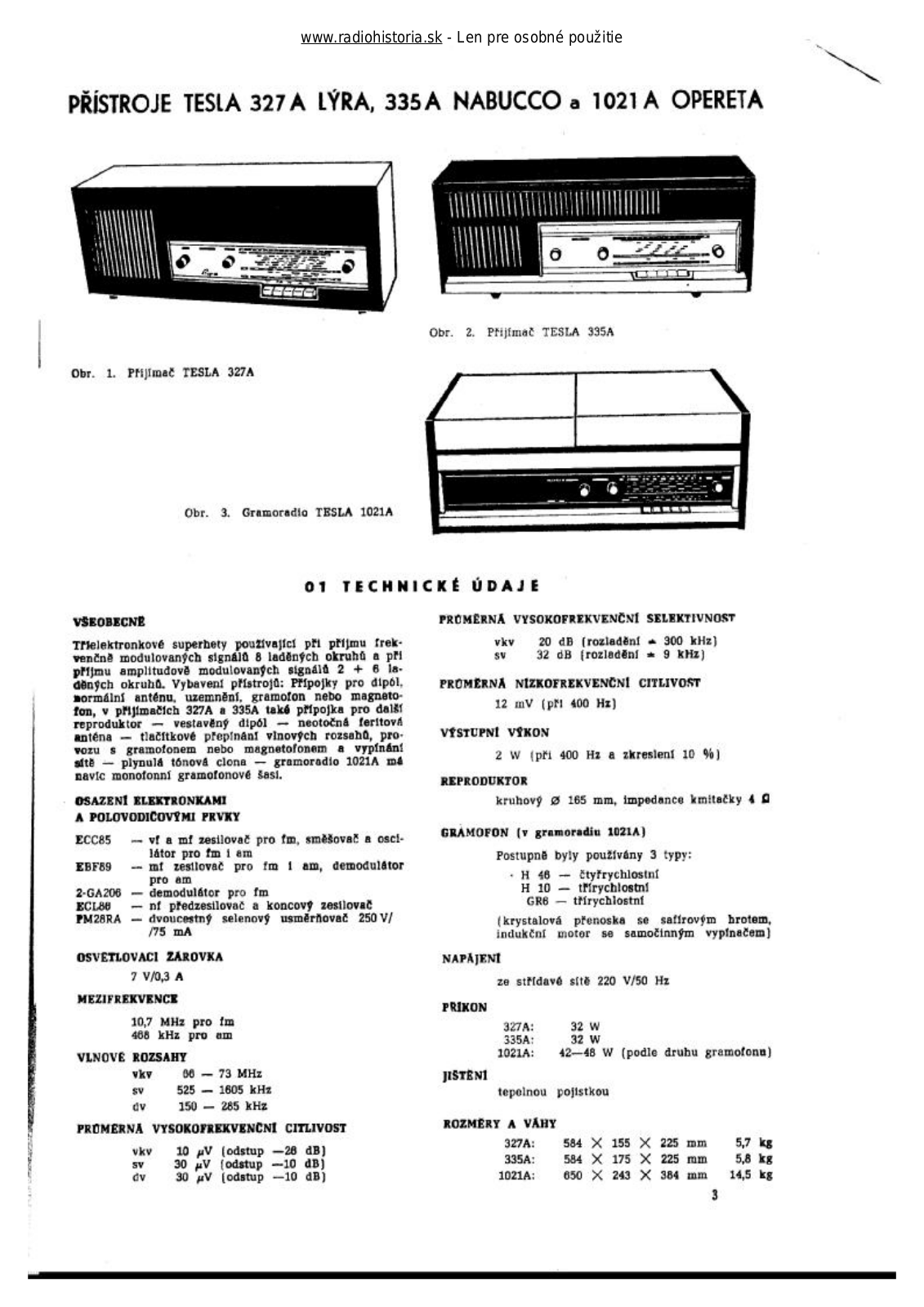 Tesla 335A nabucco, 1021A Opereta User Manual