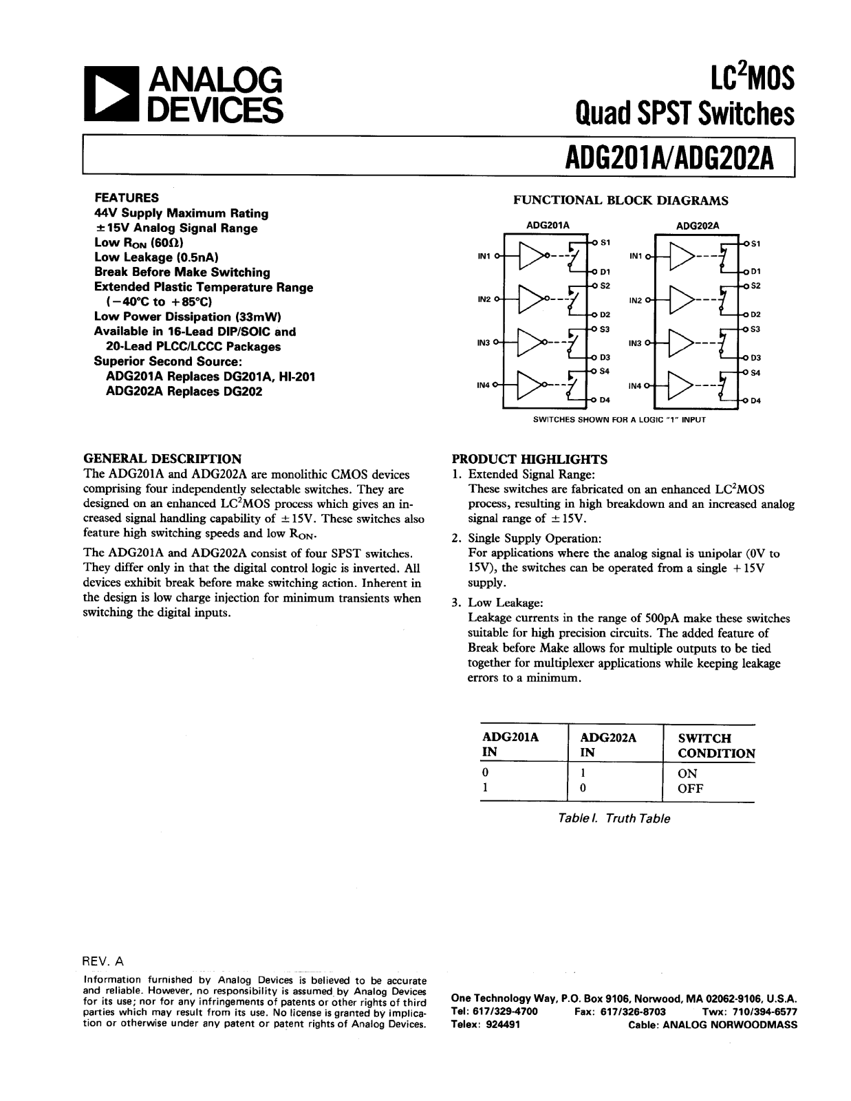 Analog Devices ADG202A, ADG201A Datasheet