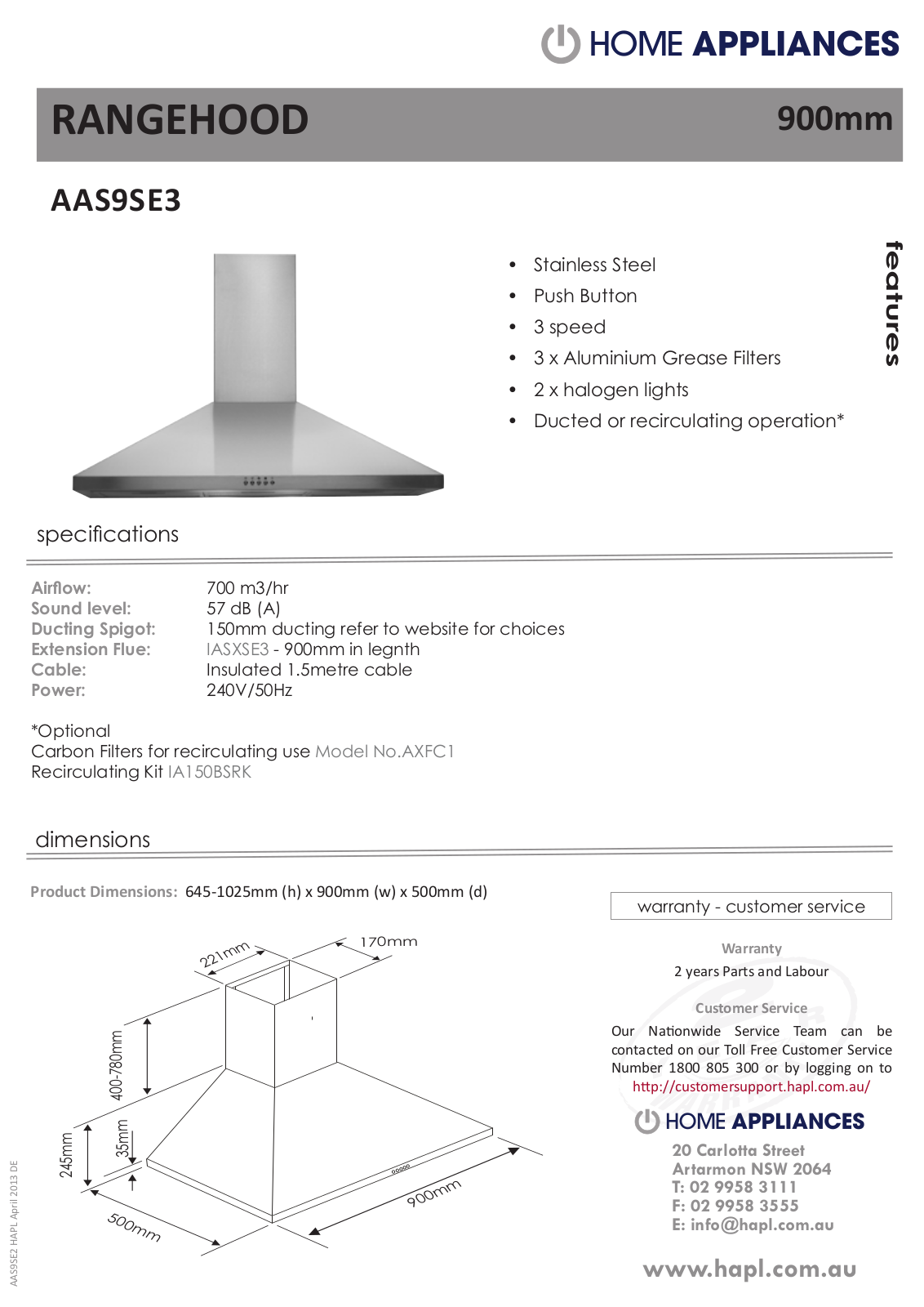 Euromaid CSAOL90PK, GEAOL90PK Specifications Sheet - ManualMachine.com