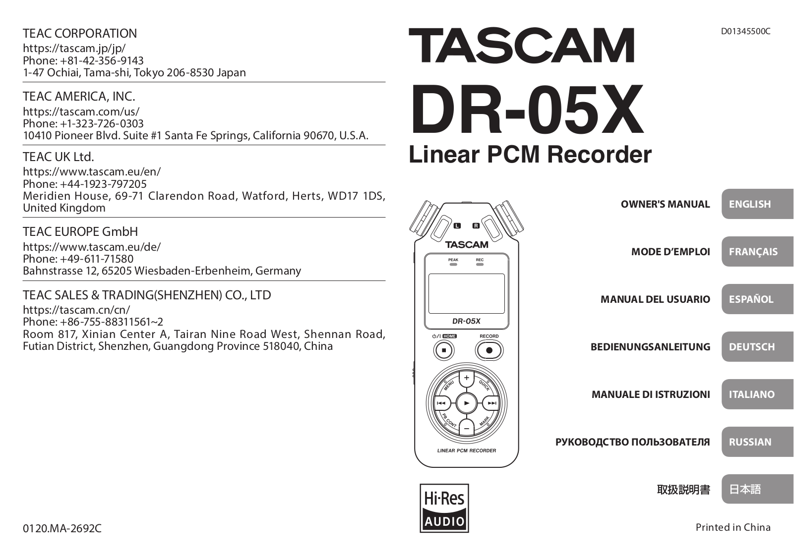 TASCAM DR-05X Owner’s Manual