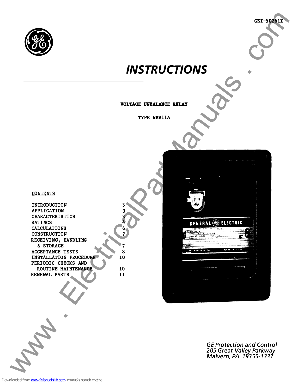 GE NBVllA Series, 12NBV11A1A, 12NBV11A2A, 12NBV11A3A, 12NBV11A4A Instructions Manual