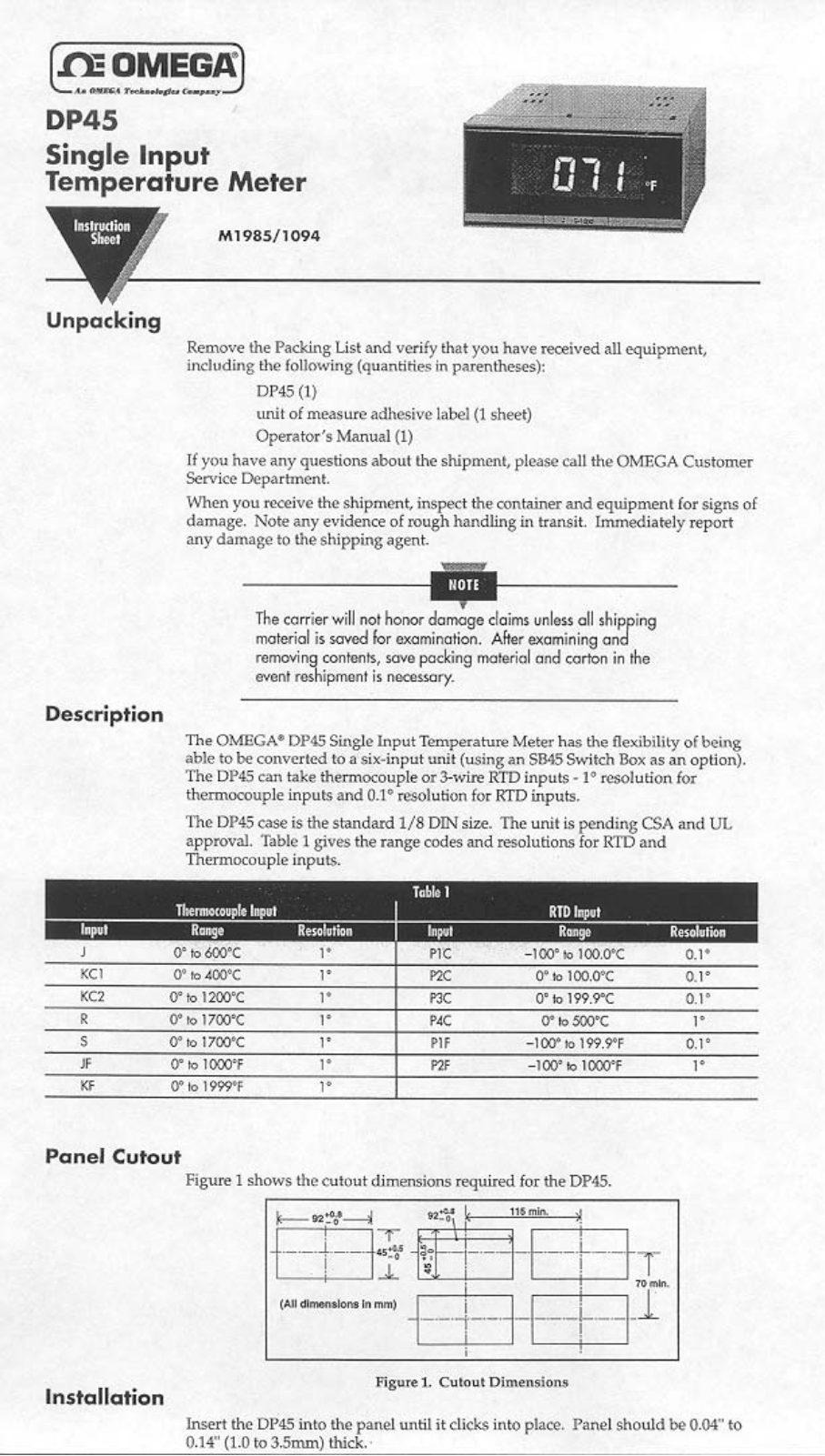 Omega Products DP45 Installation  Manual