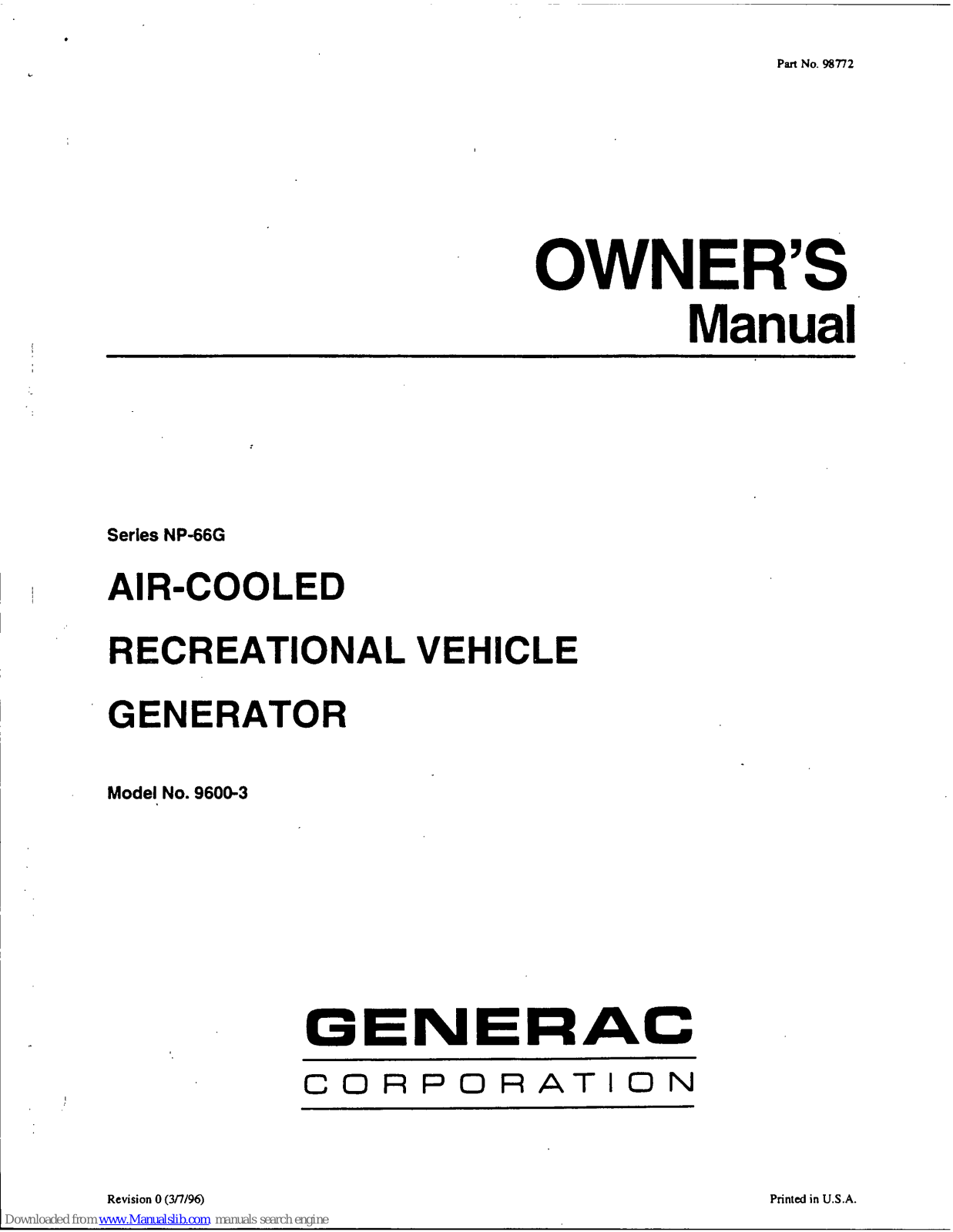 Generac Power Systems 9600-3, NP-66G Series Owner's Manual