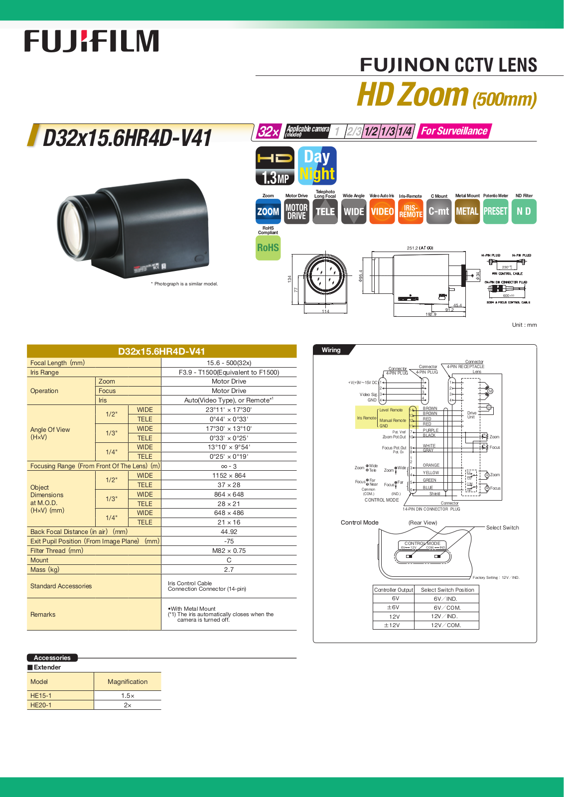 Fujinon D32x15.6HR4D-V41 Specsheet