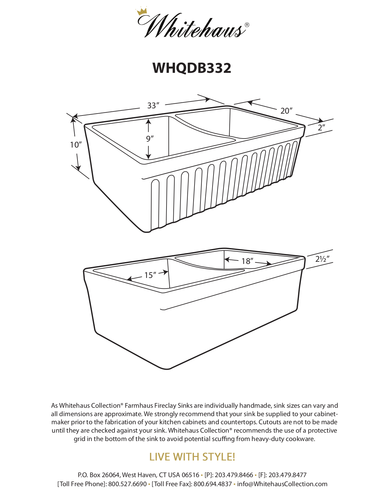 Whitehaus WHQDB332MCEMENT, WHQDB332MBLACK, WHQDB332MWHITE, WHQDB332MLIGHTCEMENT Specifications - ManualMachine.com