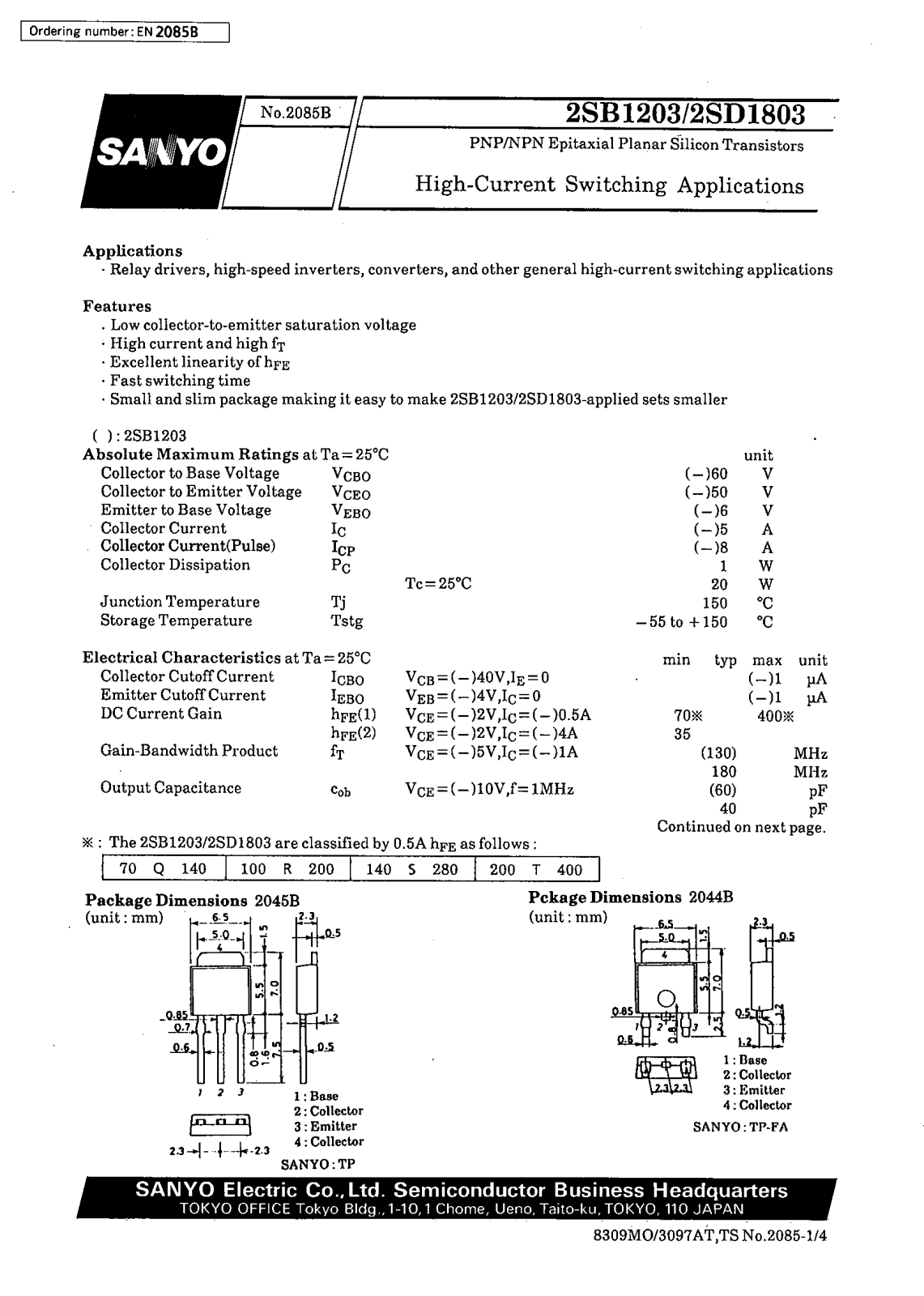 SANYO 2SD1803, 2SB1203 Datasheet