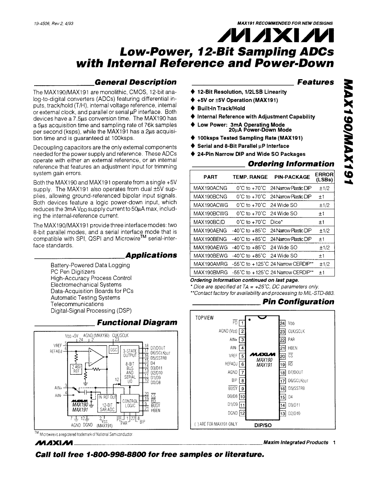 Maxim MAX191BCNG, MAX191BC-D, MAX191AENG, MAX191ACWG, MAX191ACNG Datasheet