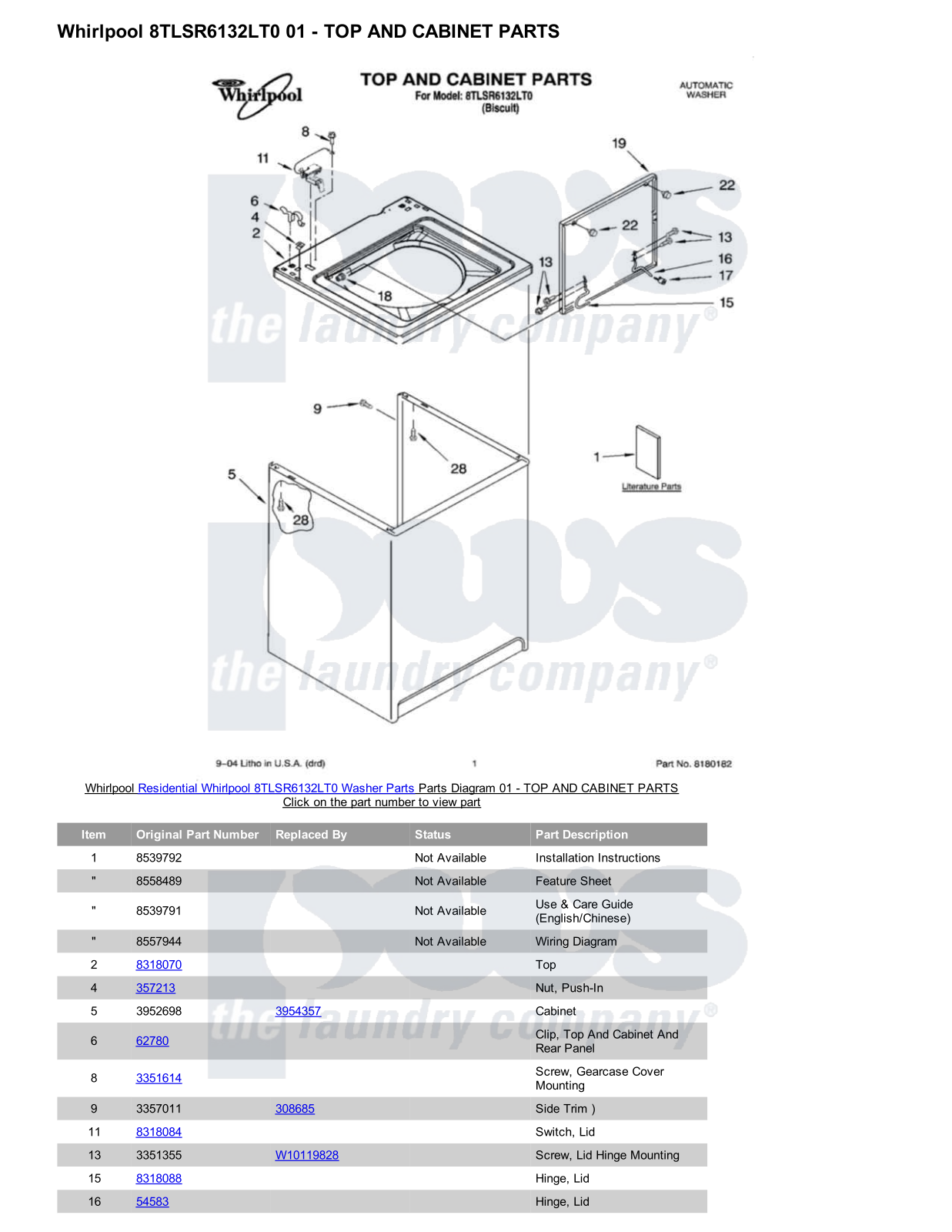 Whirlpool 8TLSR6132LT0 Parts Diagram