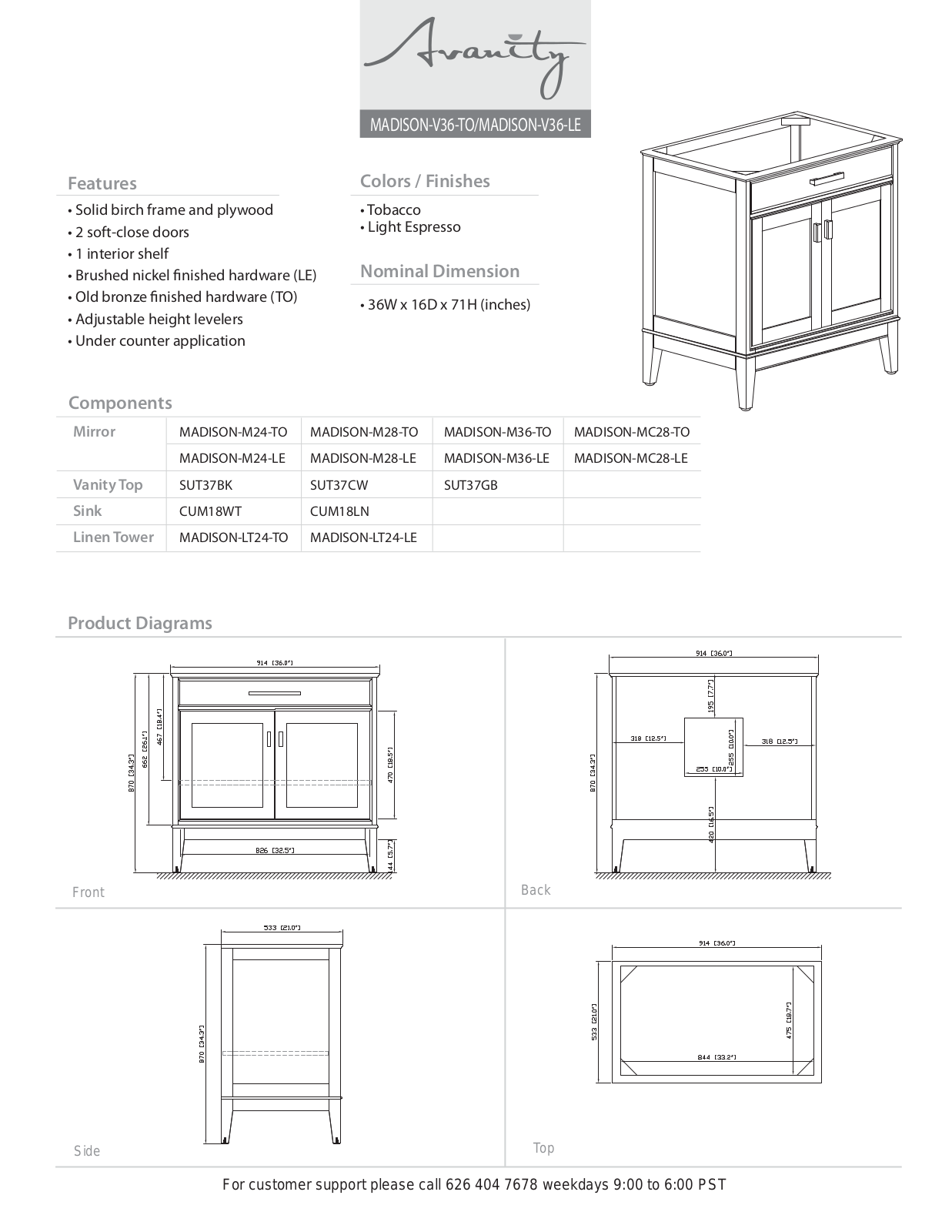 Avanity MADISONVS36TOA, MADISONVS36TOC Specifications