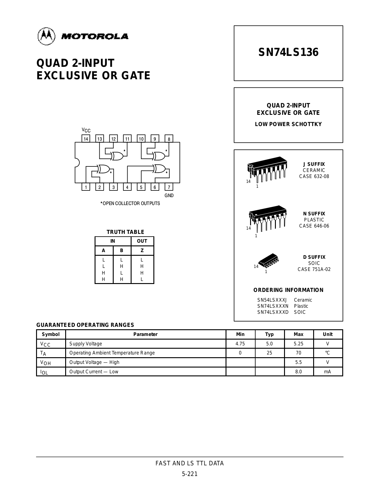 Motorola SN54LS136J, SN74LS136D, SN74LS136N Datasheet