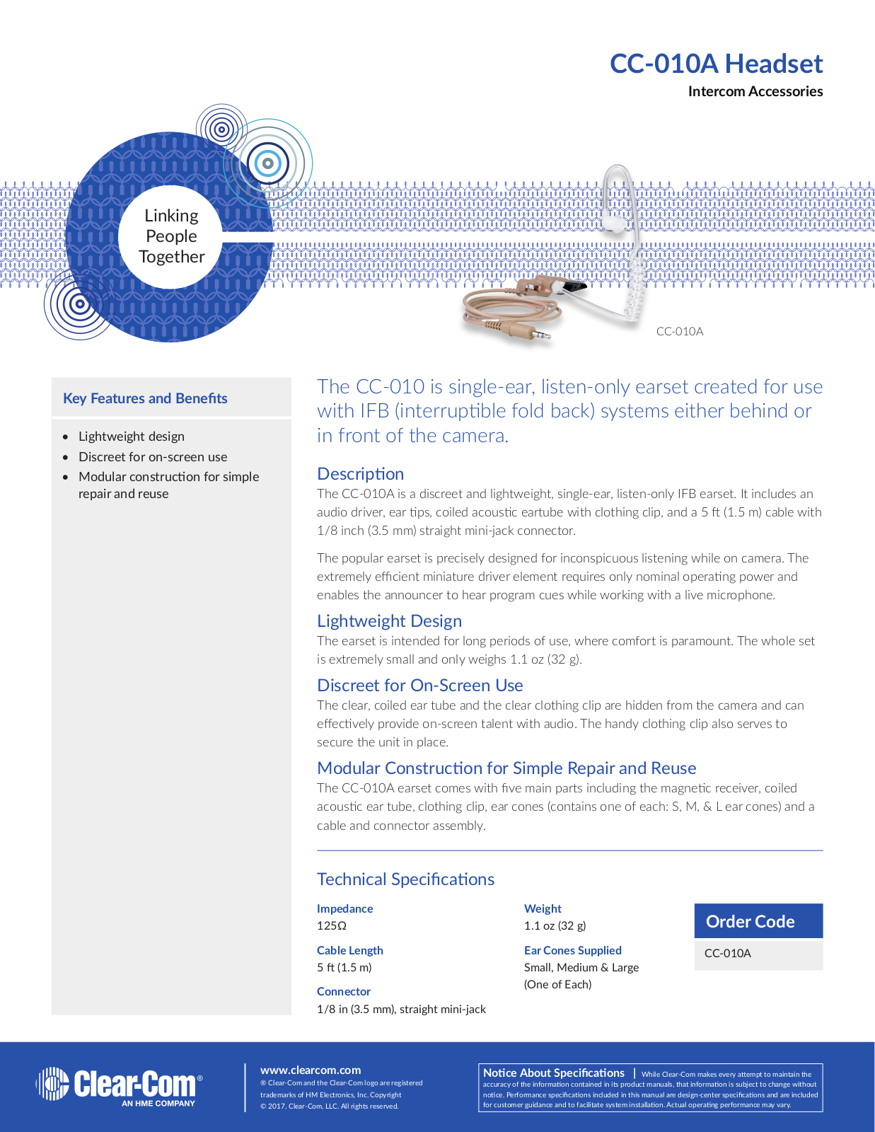 Clear-Com CC-010A Datasheet