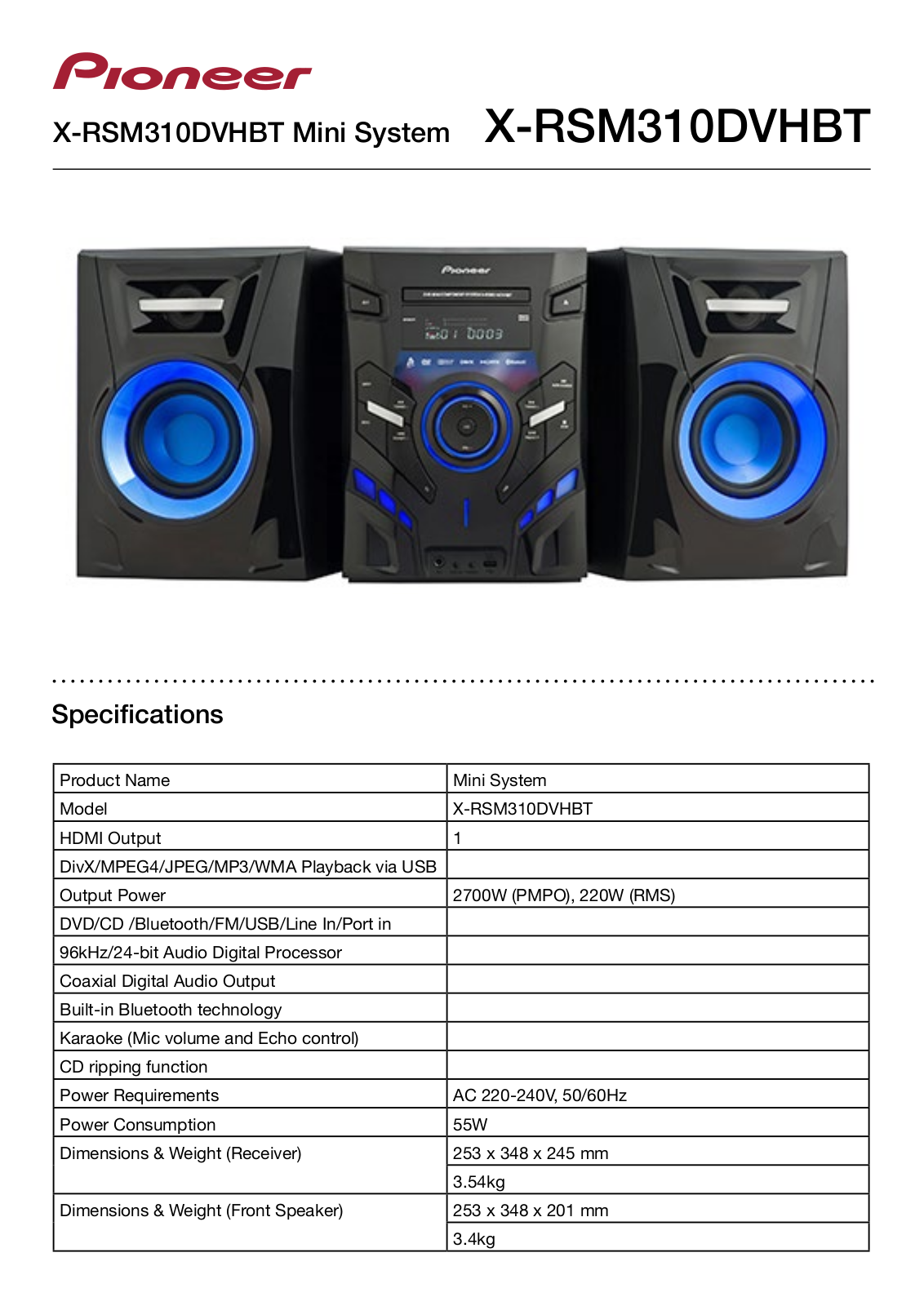 Pioneer XRSM310DVHBT User Manual