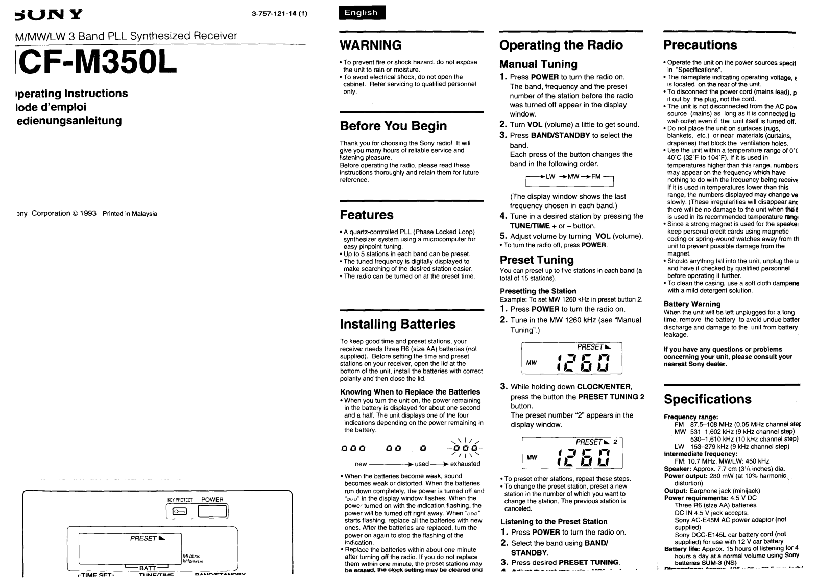 Sony ICF-M350L Operating Instructions