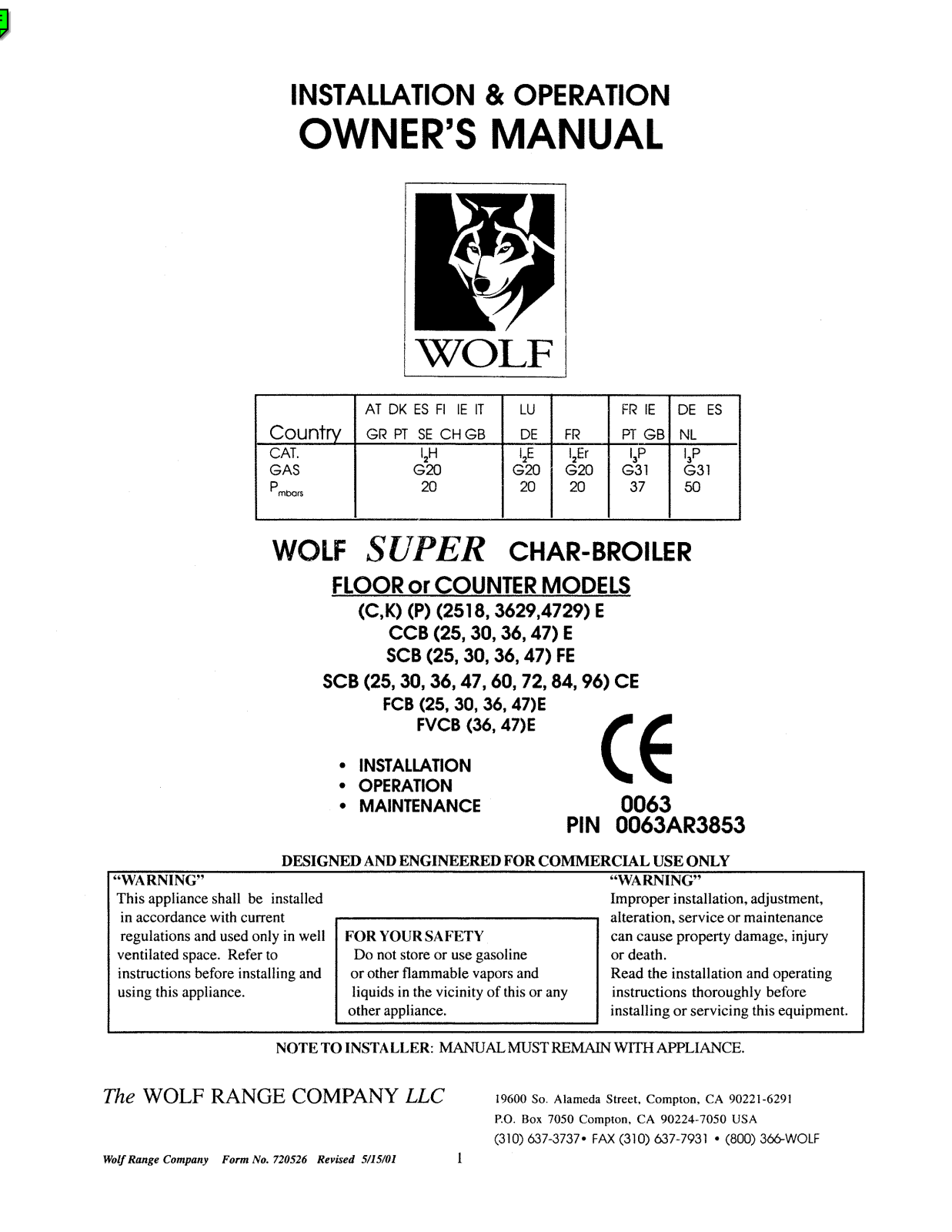 Wolf CP3629E Installation  Manual