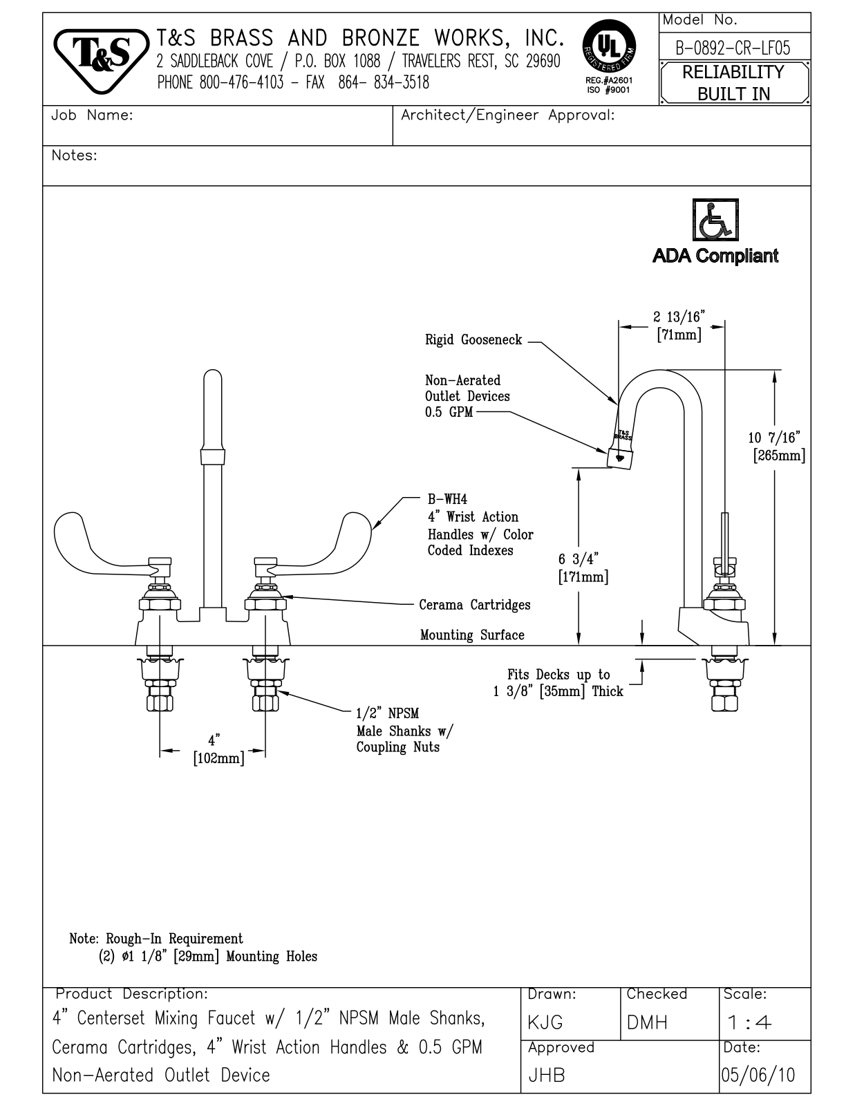 T & S Brass & Bronze Works B-0892-CR-LF05 General Manual