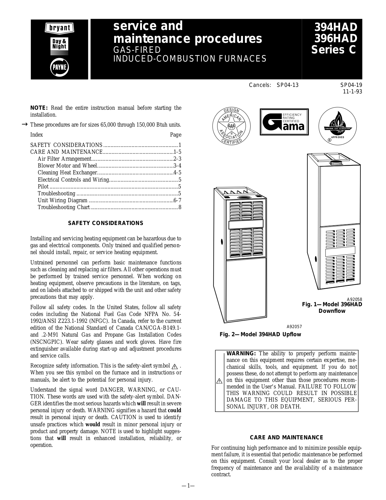 Bryant 394HAD, 396HAD User Manual