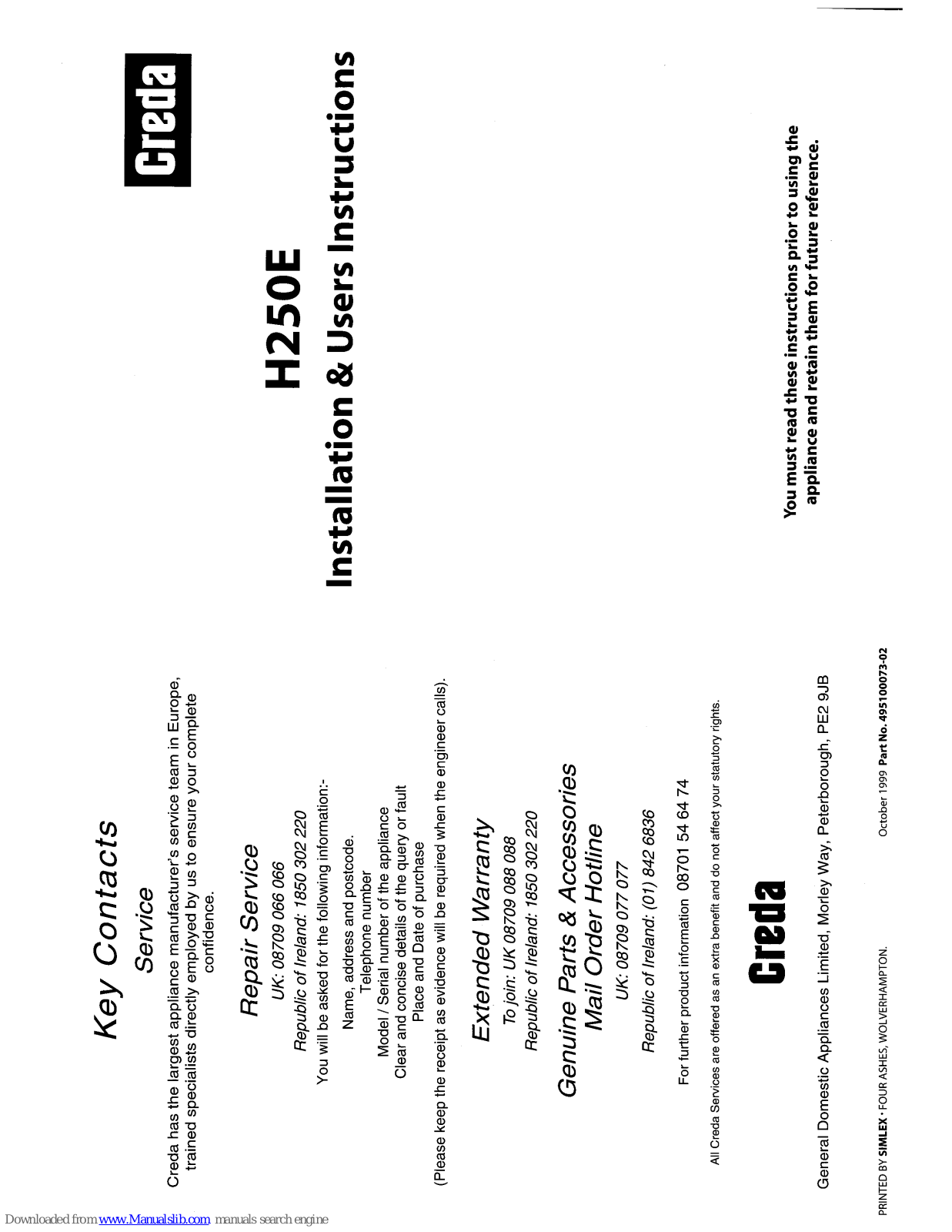 Creda HBH250, H250E Installation & User's Instructions