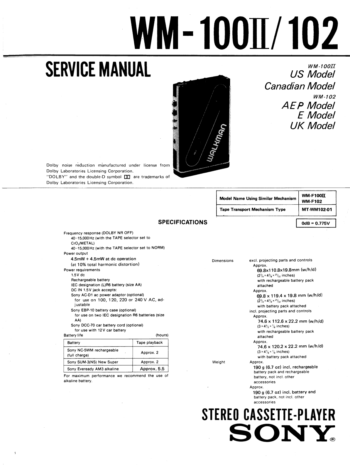 Sony WM-102 Service manual