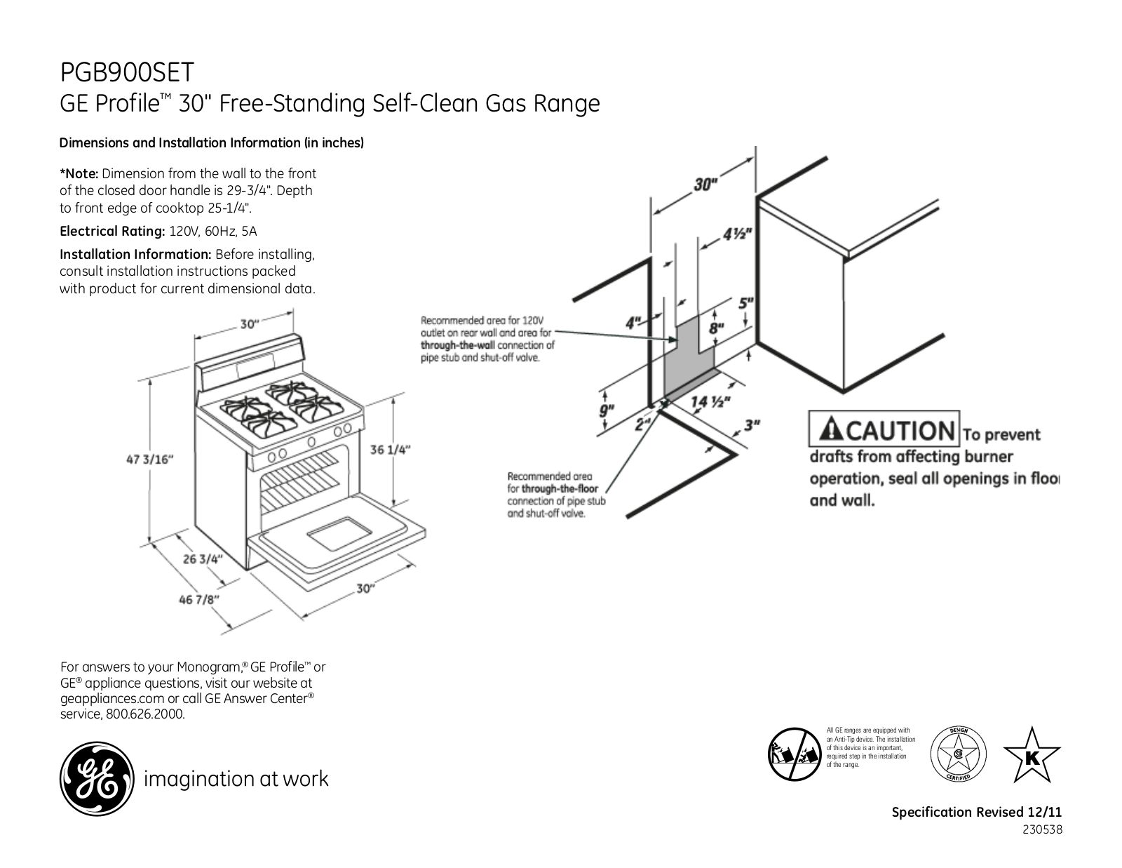 GE PGB900SET Specification