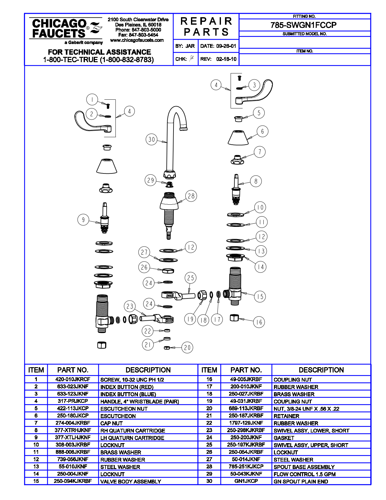 Chicago Faucet 785-SWGN1FCCP Parts List