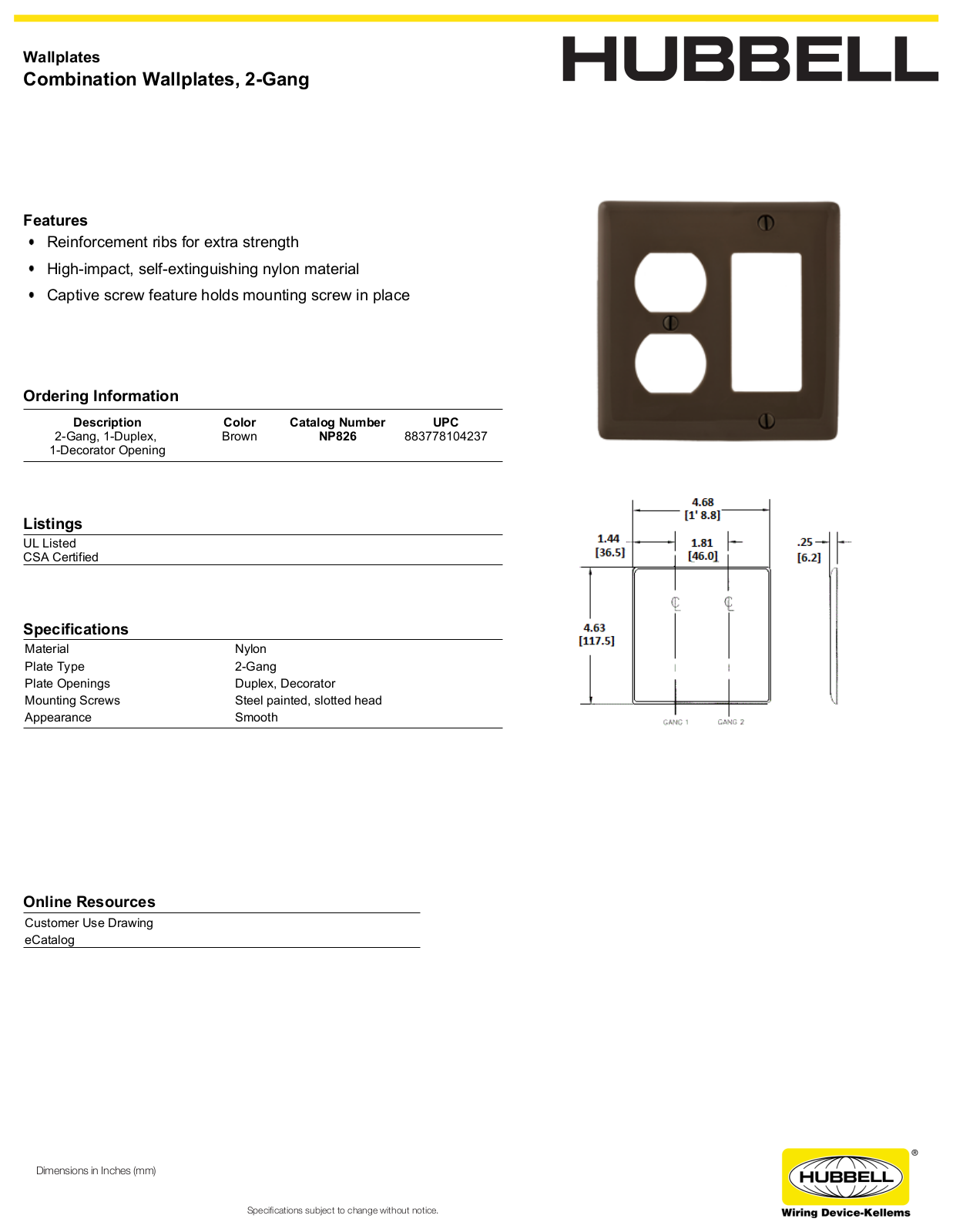 Hubbell NP826 Specifications