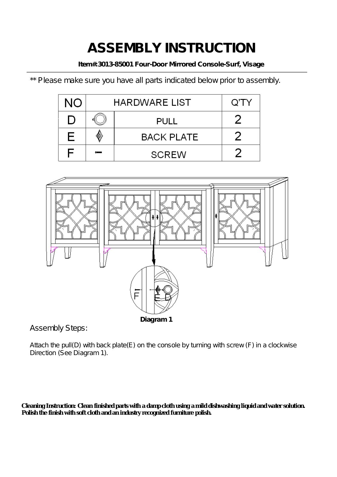 Hooker Furniture 301385001 Assembly Guide