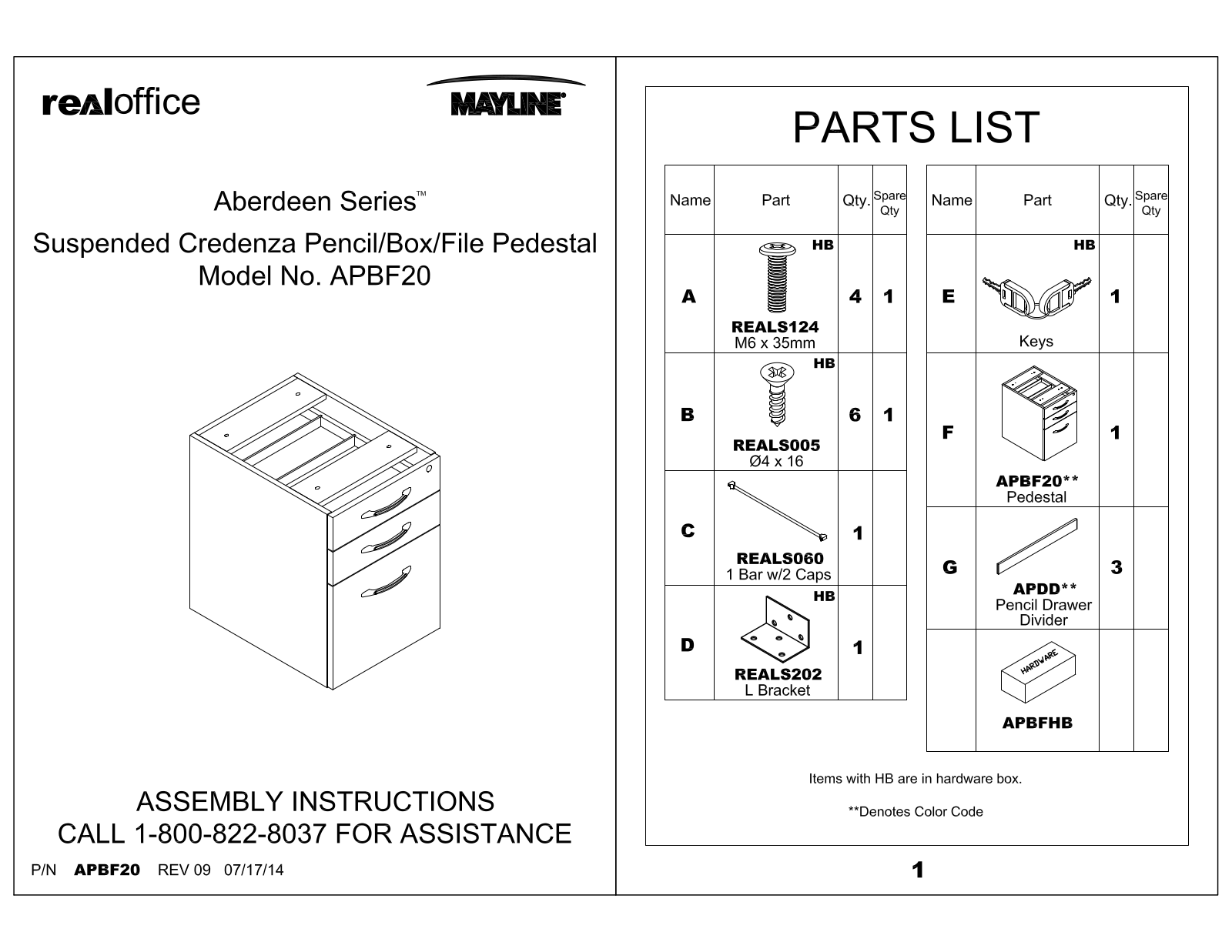 Mayline Suspended Pedestal for Credenza User Manual