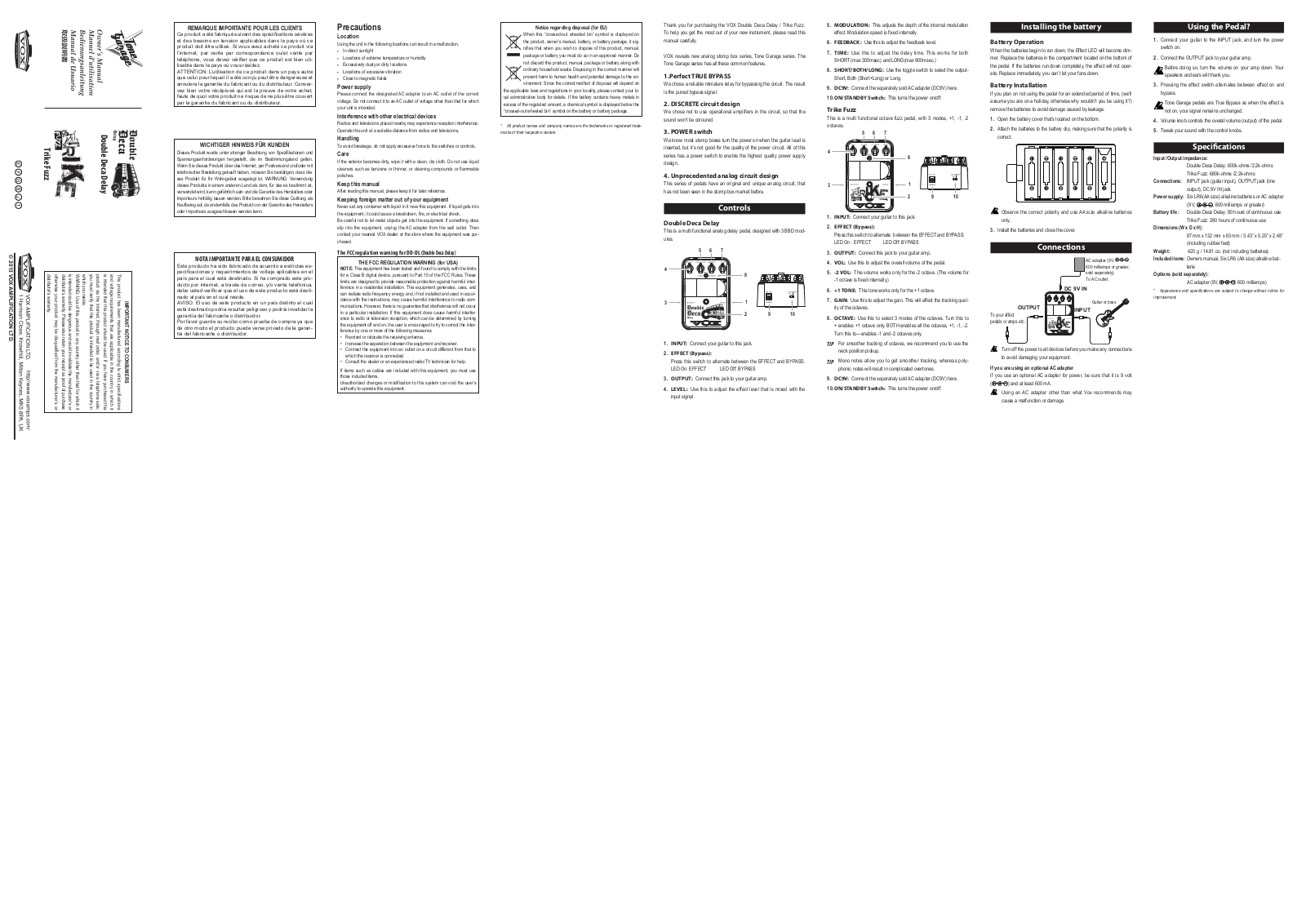 Vox Double Deca Delay, Trike Fuzz, Tone Garage User Manual