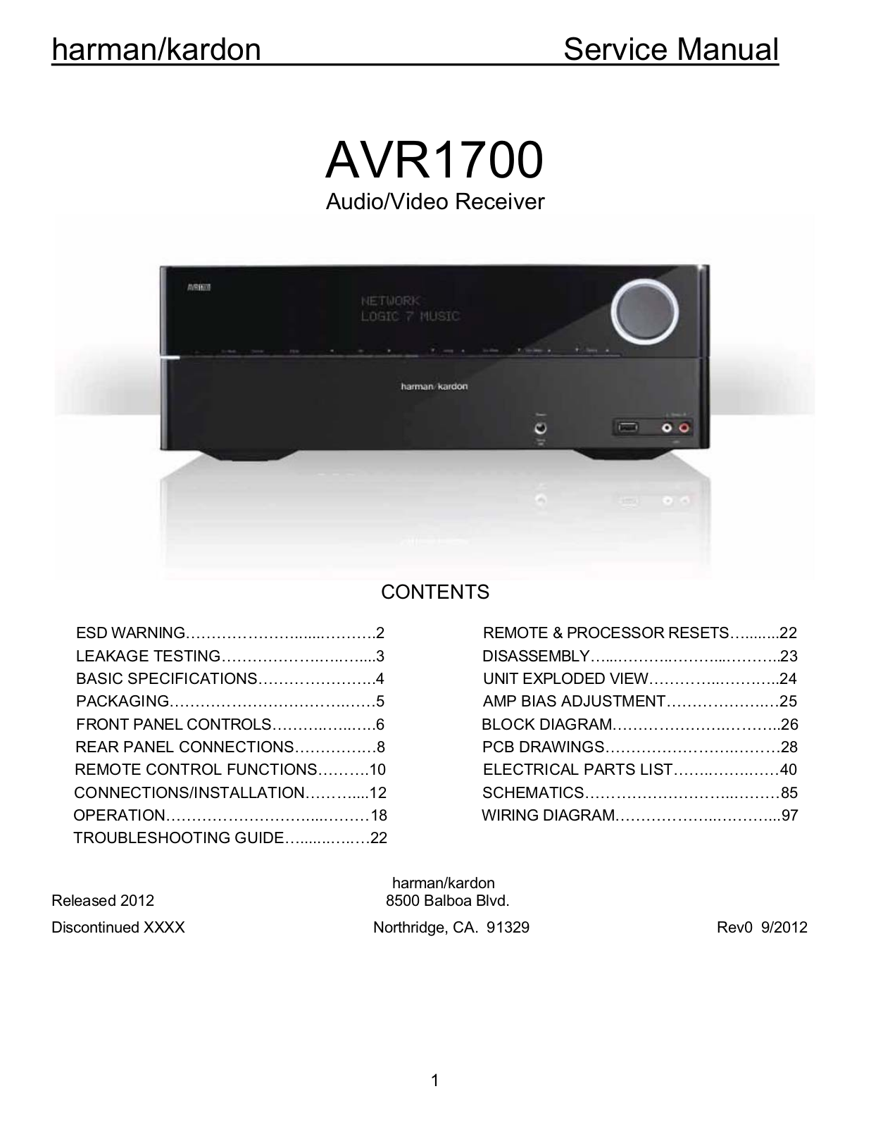 Harman Kardon AVR-1700 Service Manual