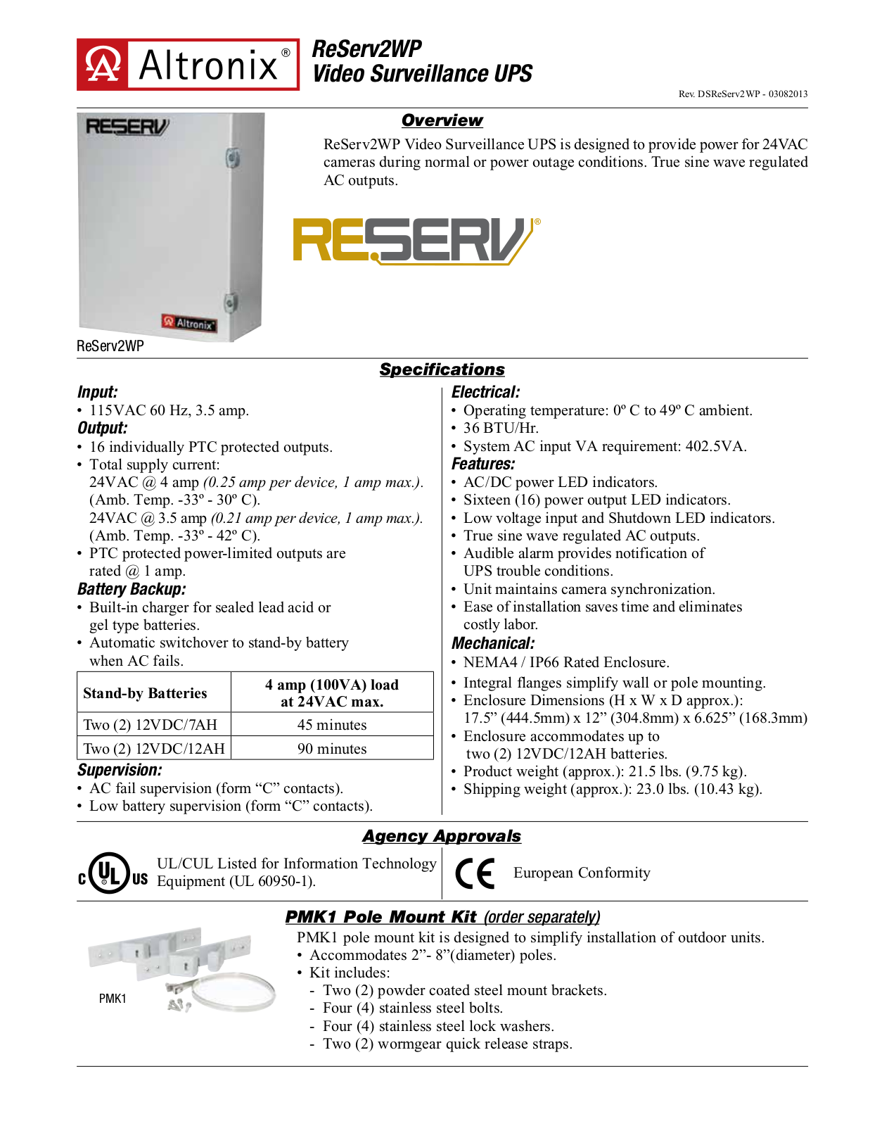 Altronix ReServ2WP Data Sheet