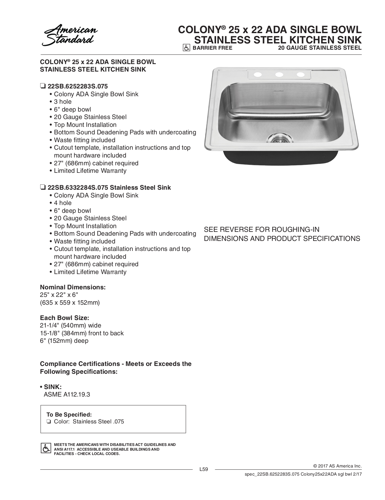 American Standard 22SB.6252283S.075, 22SB.6332284S.075 User Manual