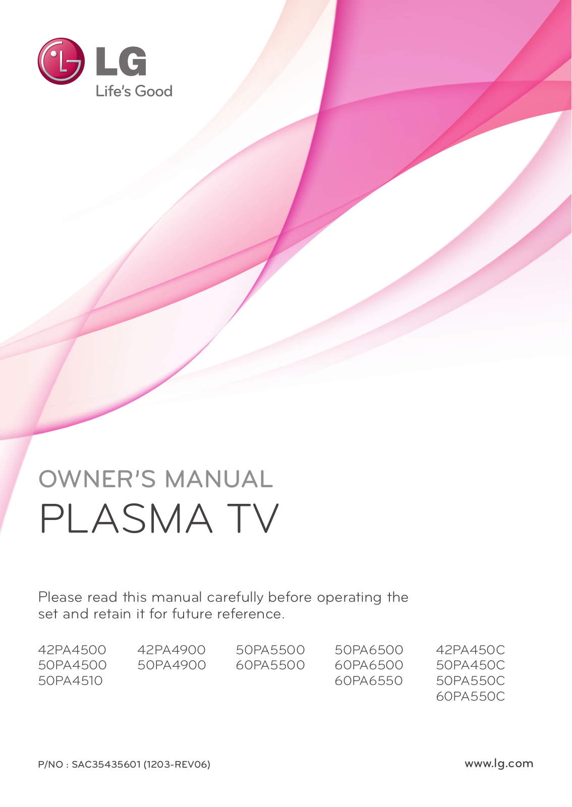 LG 42PA450C, 50PA6500, 50PA4500, 50PA550C, 60PA6550 User Manual