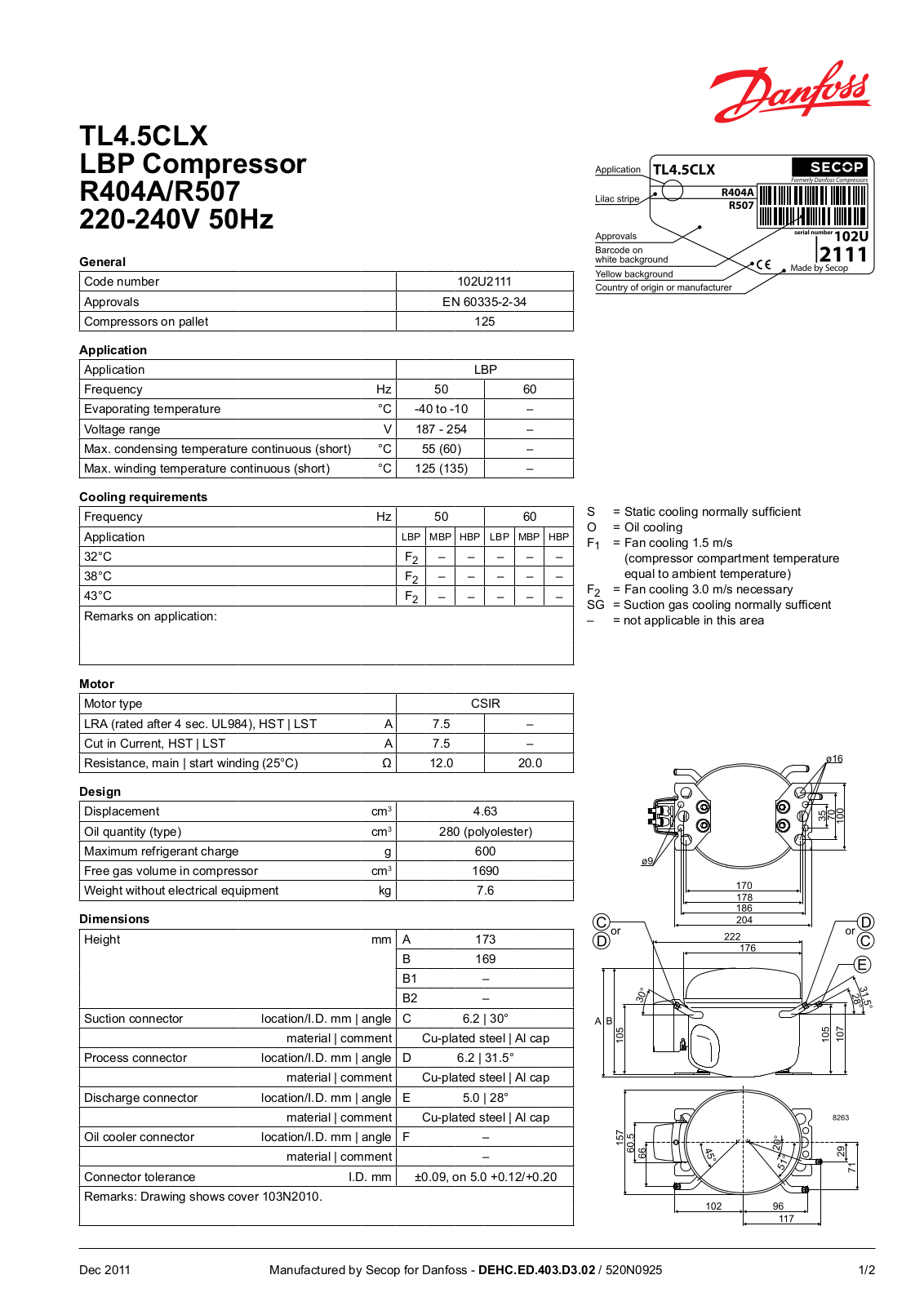 Danfoss TL4.5CLX Data sheet