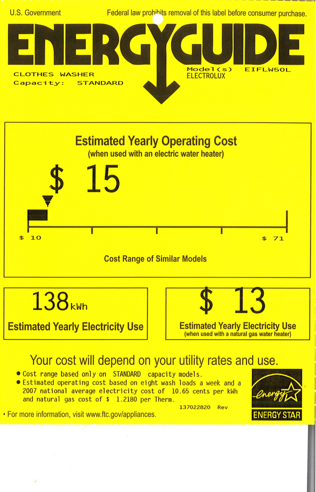 Electrolux EIFLW50LIW Energy Guide