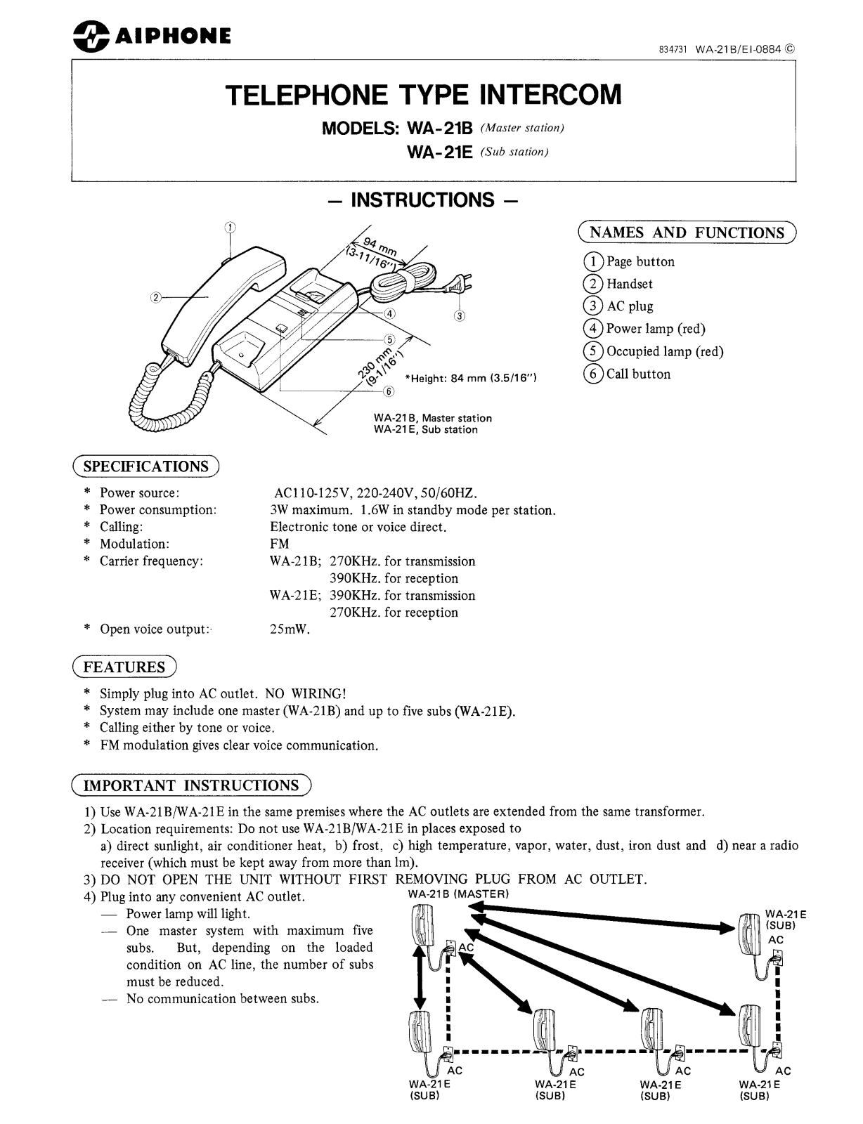 Aiphone WA-21B User Manual