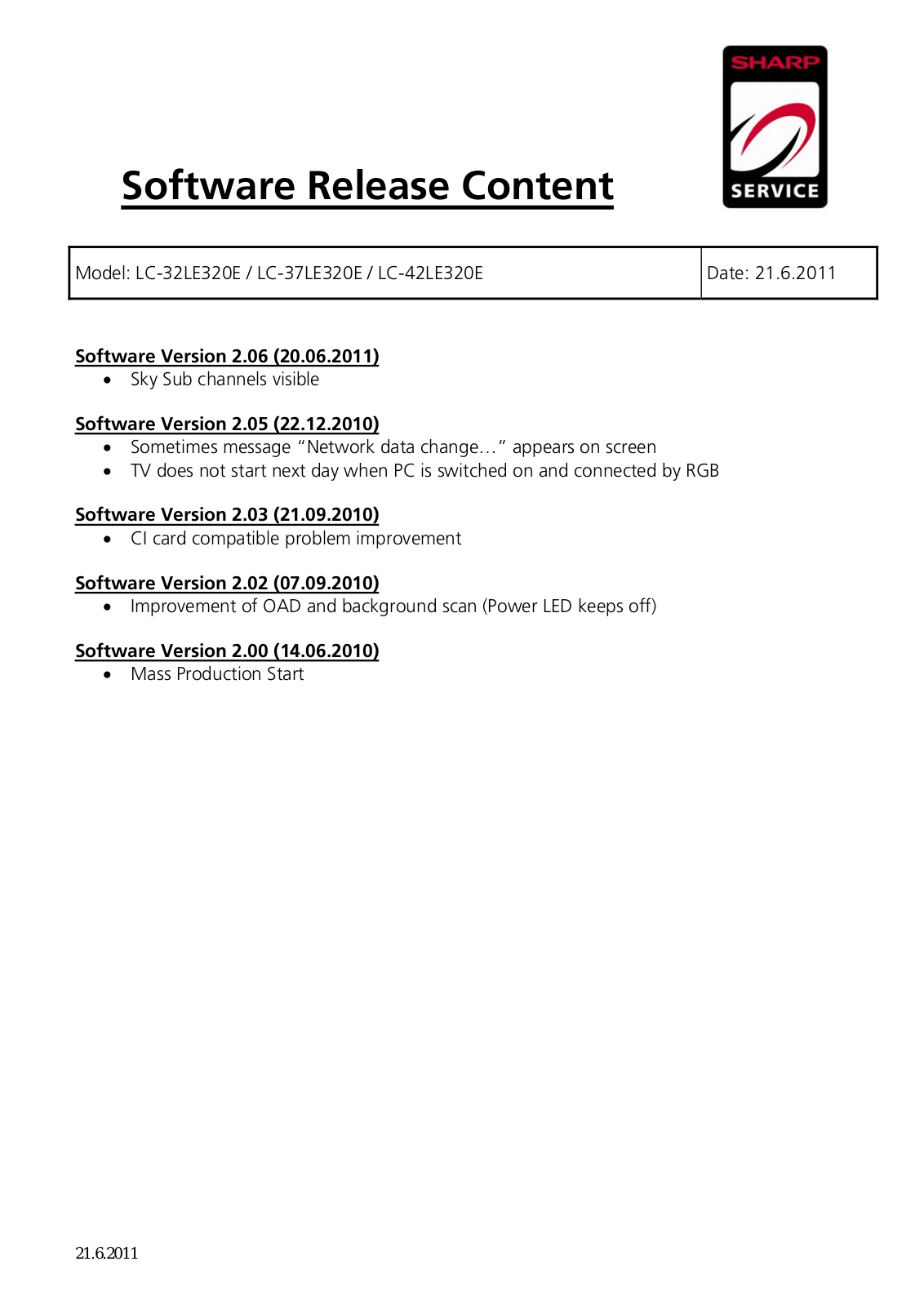 SHARP LC32LE320E, LC37LE320E, LC42LE320E Software Release Content