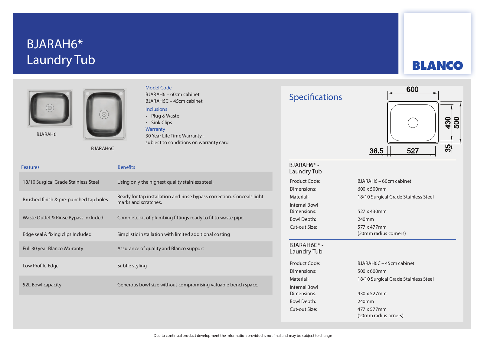 Blanco BJARAH6, BJARAH6C Datasheet